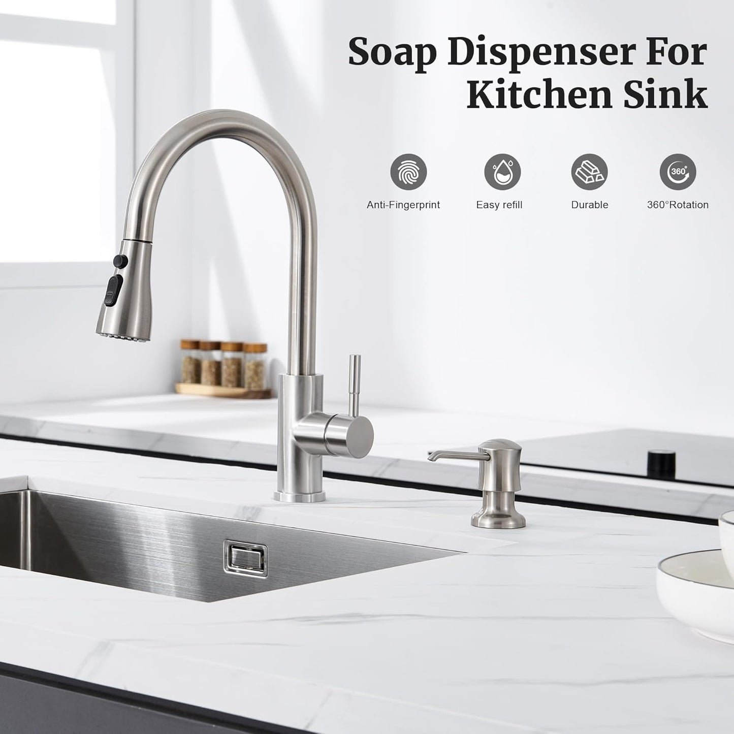 Soap Dispenser for Kitchen Sink Brushed Nickel, Built-in and Refill-from-Top Design with Liquid