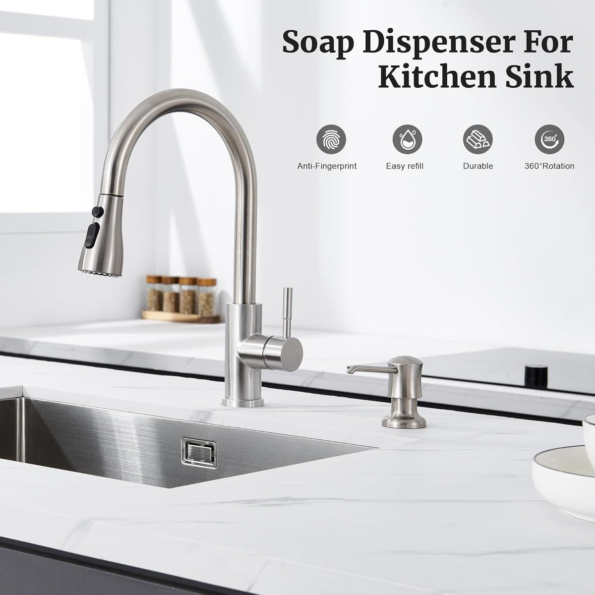 Soap Dispenser for Kitchen Sink Brushed Nickel, Built-in and Refill-from-Top Design with Liquid