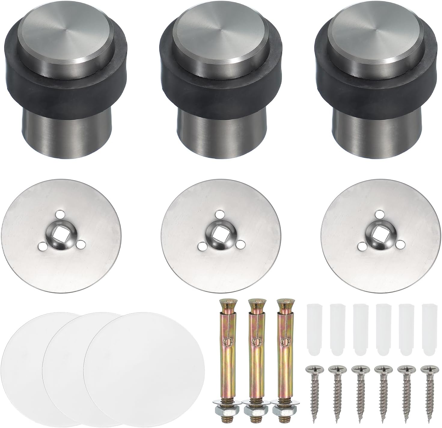 PATIKIL 3Set Round Door Stoppers, 46mm Stainless Steel Door Stop Doorstop Wedge Metal Cylinder Self
