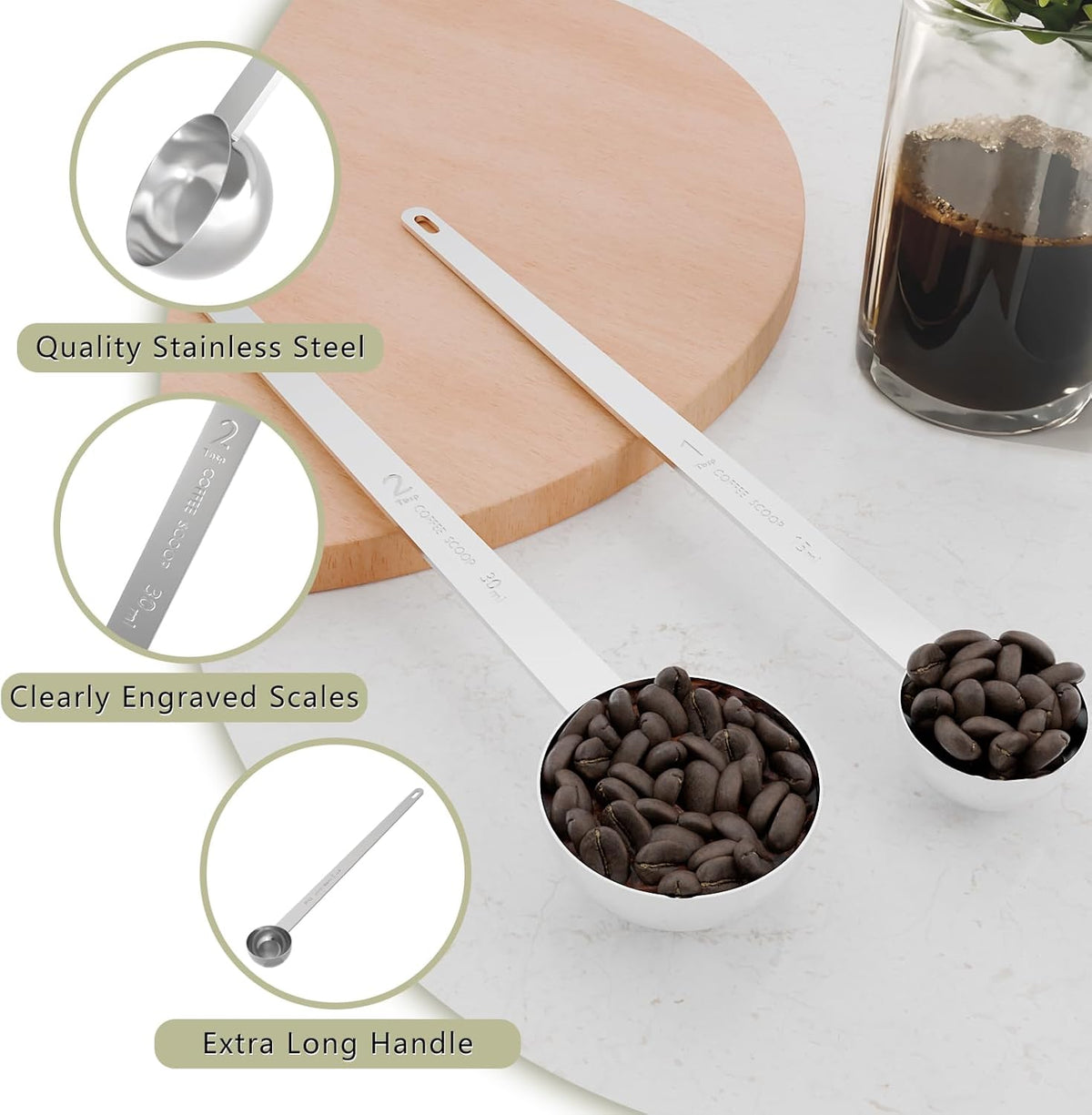 1PCS 1 Tablespoon Coffee Scoop, 9" Long Handle Measuring Spoon, One tbsp (15 ml) Stainless Steel