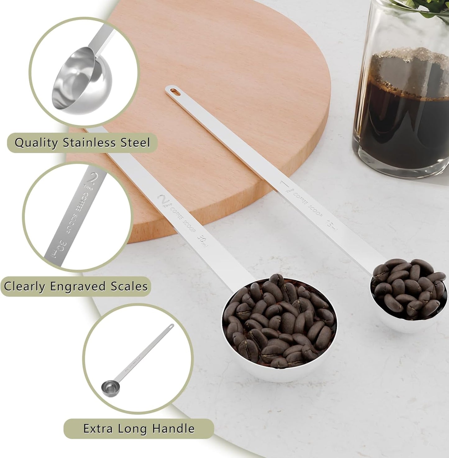 1PCS 2 Tablespoon Coffee Scoop, 9.5" Long Handle Measuring Spoon, Two tbsp (30 ml) Stainless Steel