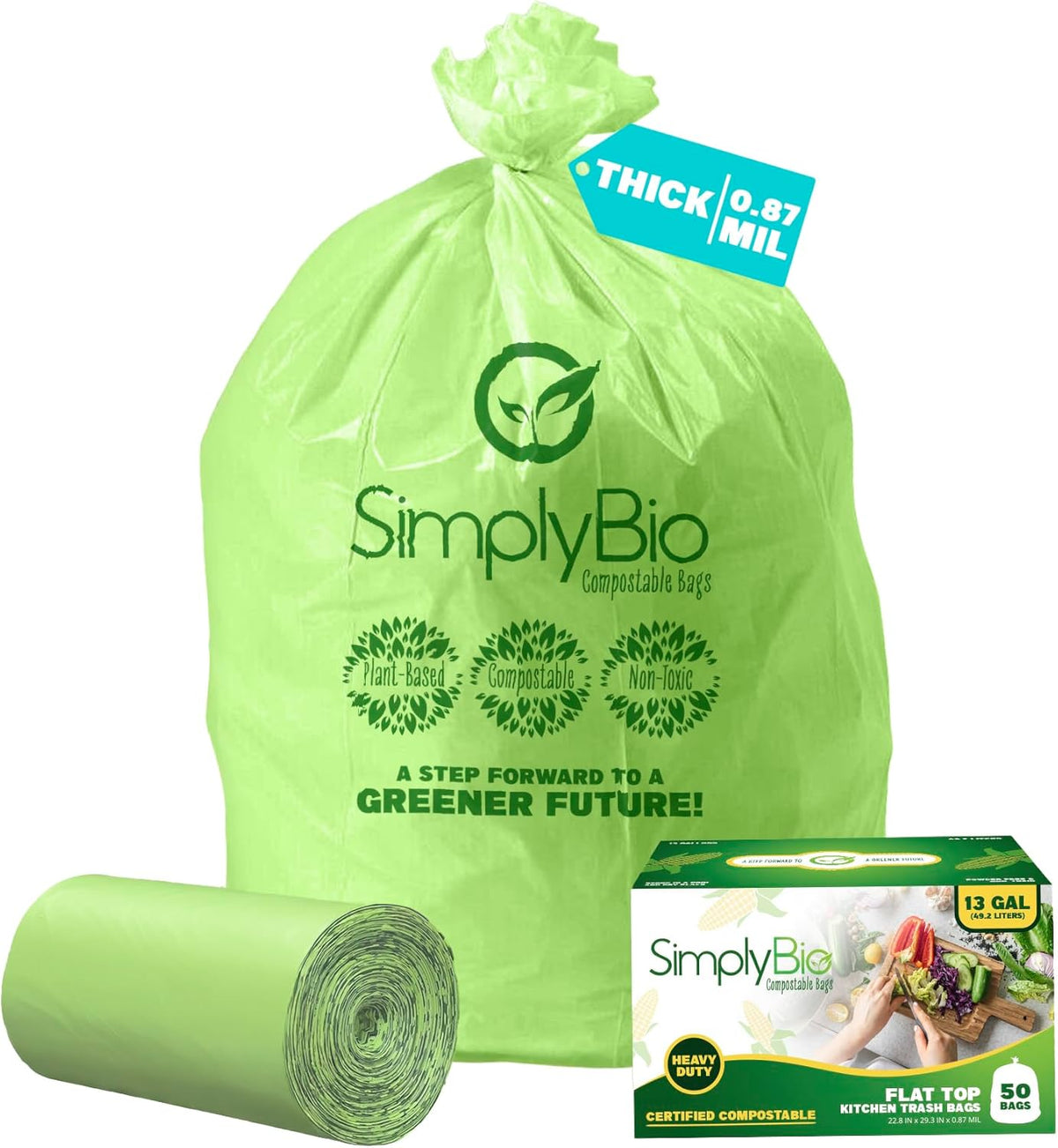 Simply Bio 13 Gallon Compostable Trash Bags Liners with Flat-Top, Thick 0.87 Mil, 49.21 Liter, 50