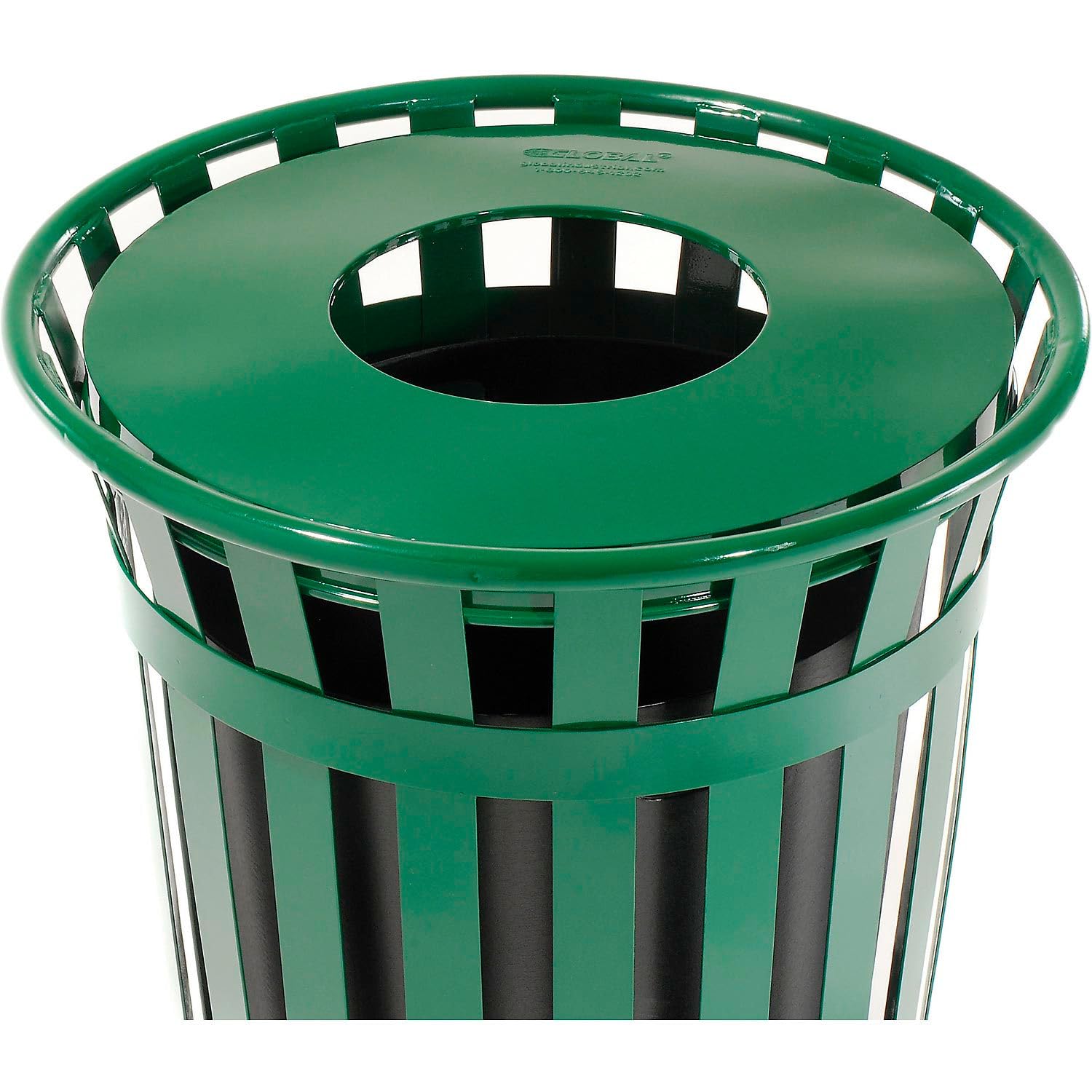 Global Industrial 36 Gallon Outdoor Slatted Steel Round Trash Can with Flat Lid, Plastic Liner &