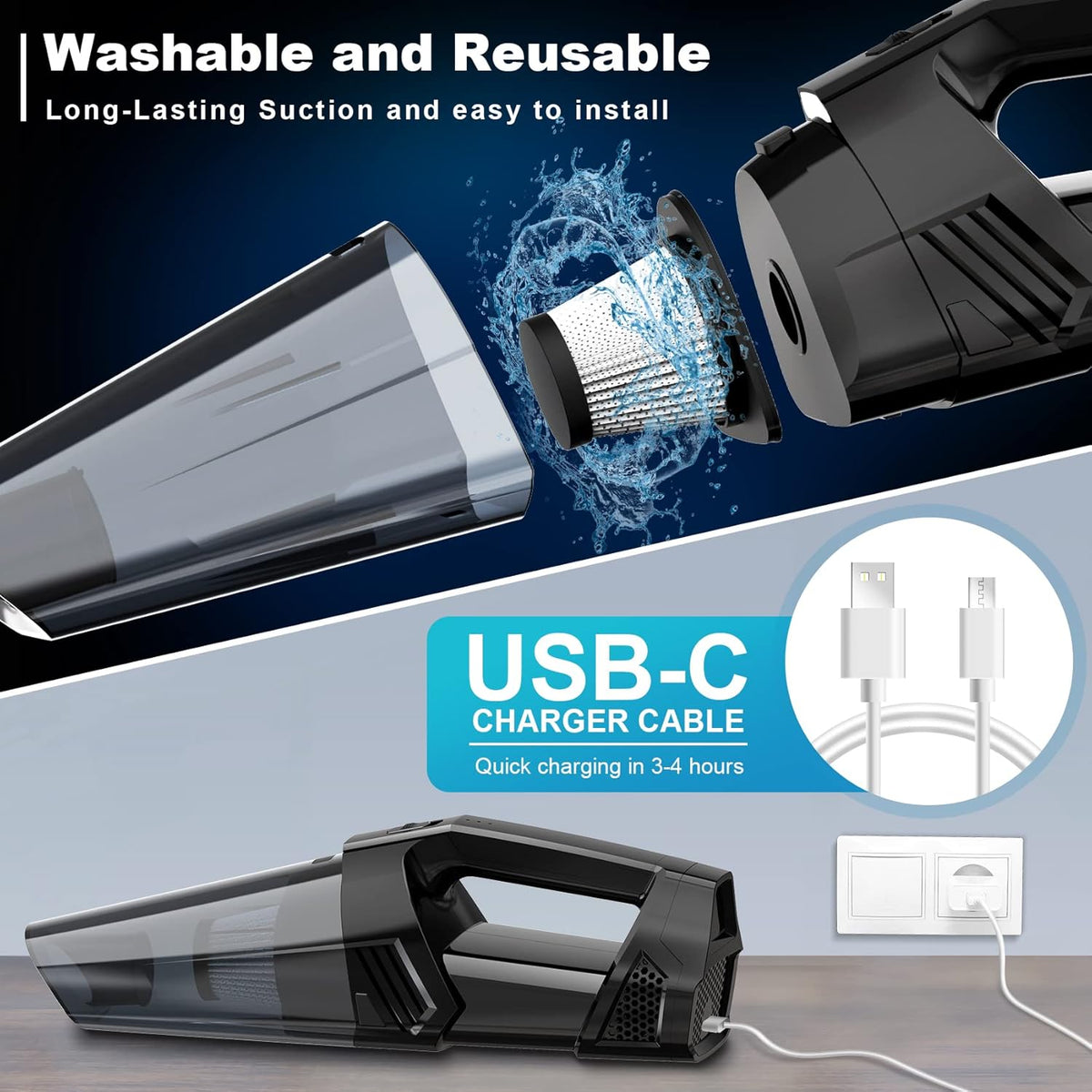 Handheld Vacuum Cordless Portable Car Vacuum with LED Light, High Power Suction, 3 in 1
