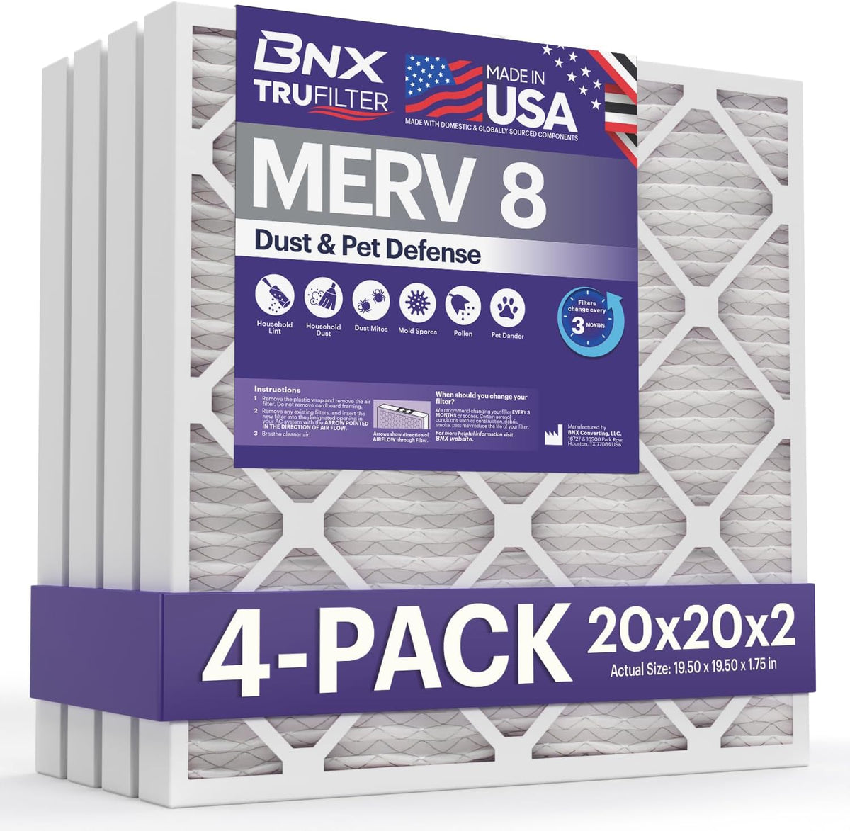 BNX TruFilter 20x20x2 Air Filter MERV 8 (4-Pack) - MADE IN USA – Dust & Pet Defense Electrostatic