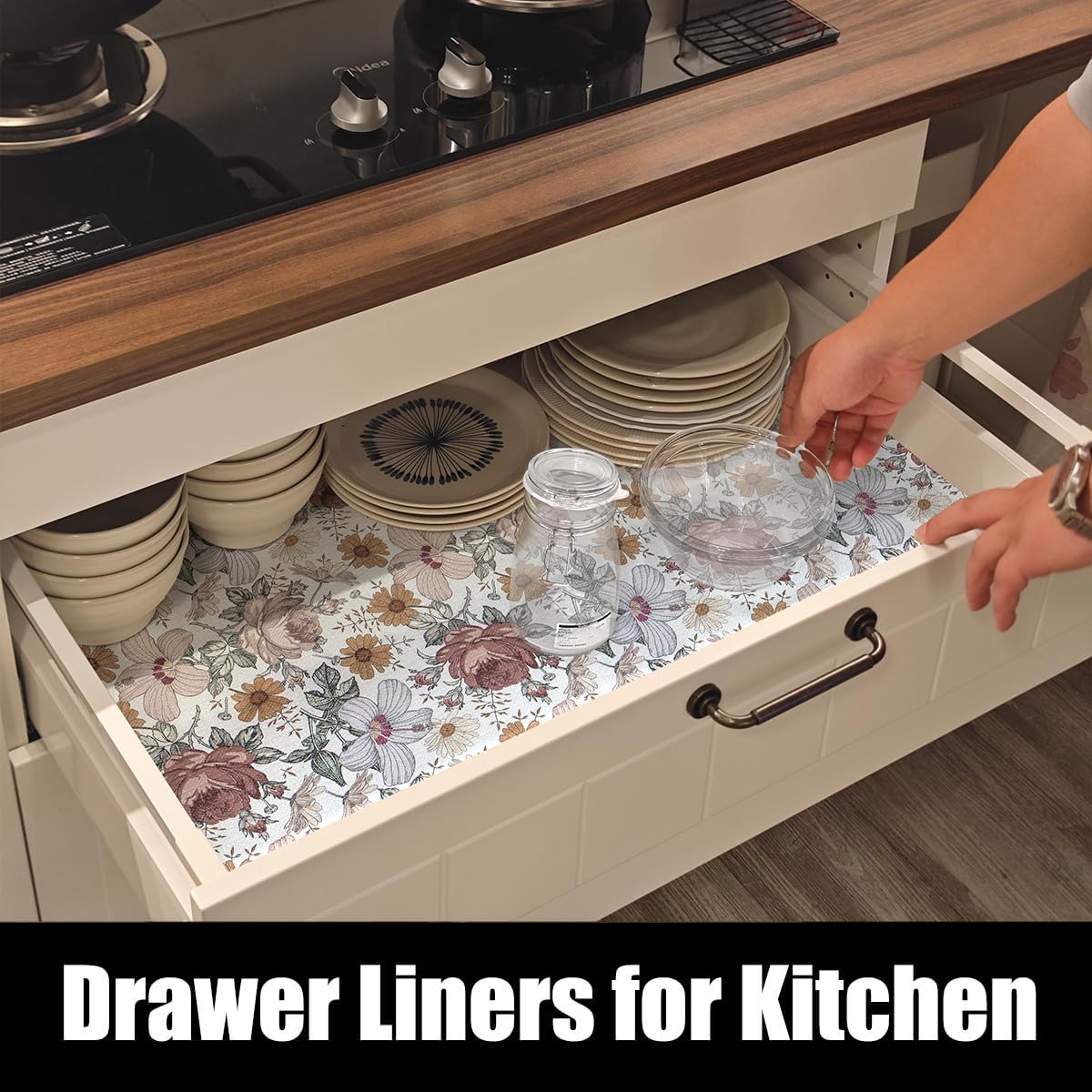 Floral Drawer Shelf Liners, Non Adhesive and Strong Non-Slip Cabinet Drawer Shelf Liners for