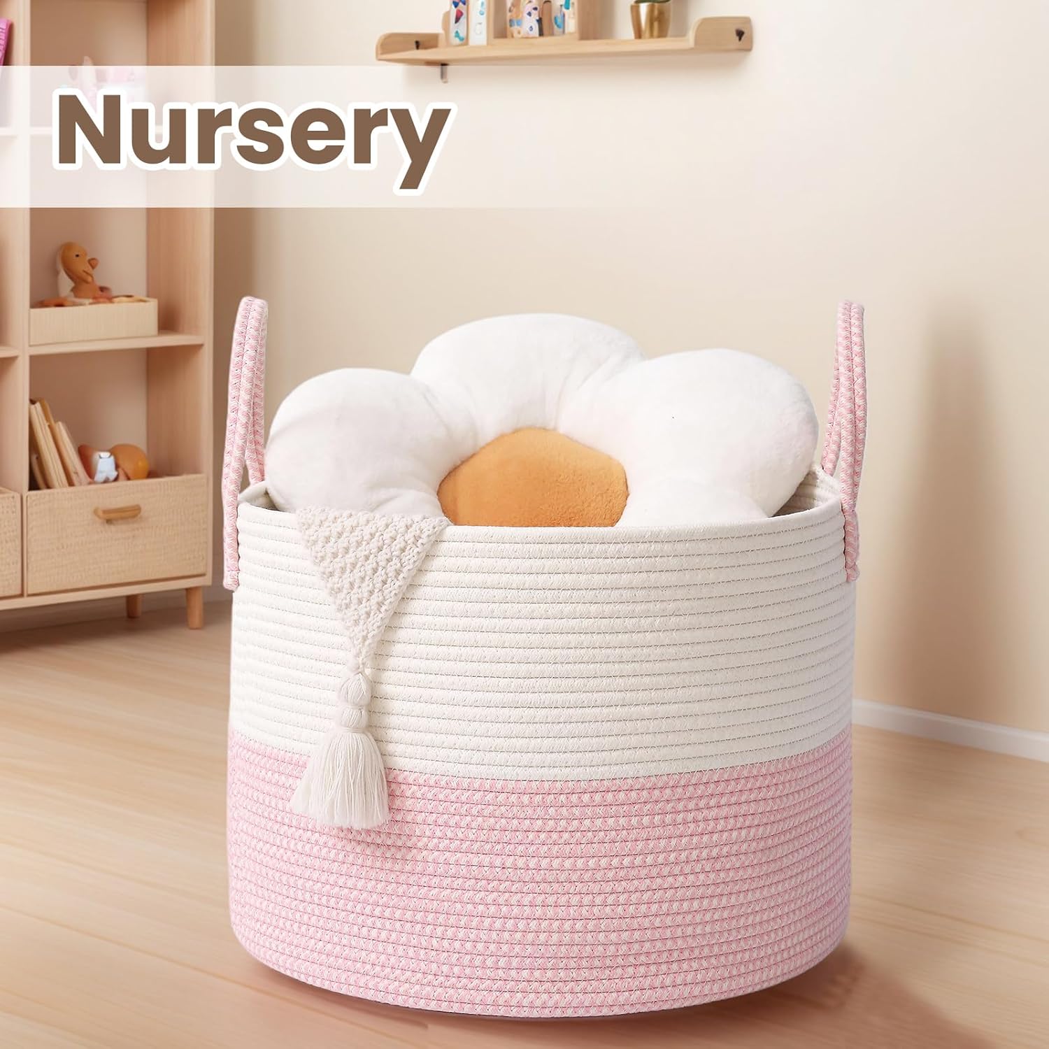 Woven Blanket Basket,65L Large Rope Storage Bin with Handles, Organizer for Blankets Toys Book and