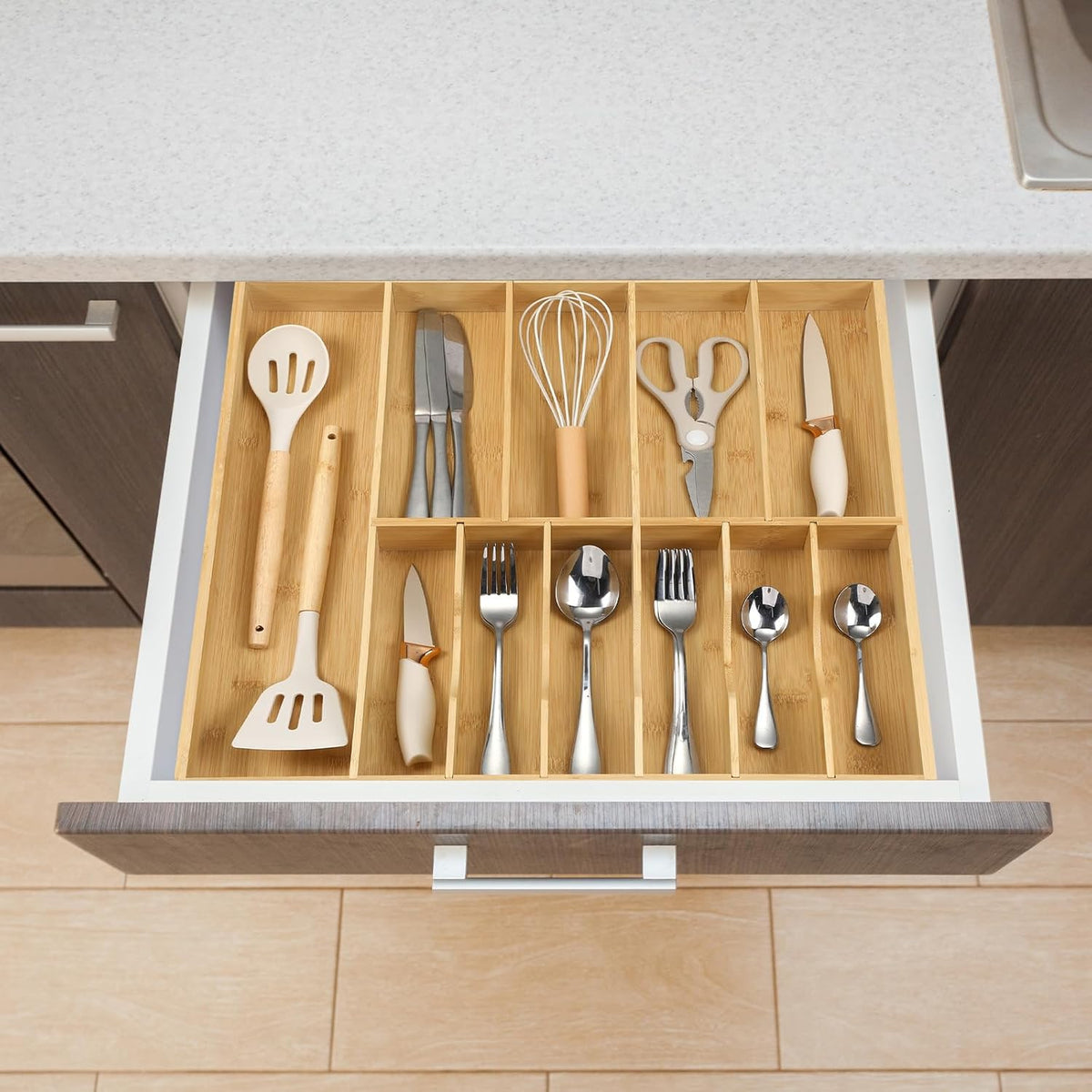 Fabsome Silverware Organizer for Kitchen Drawers, 2.5'' Deep 18.8'' Wide Bamboo Wood Flatware Tray