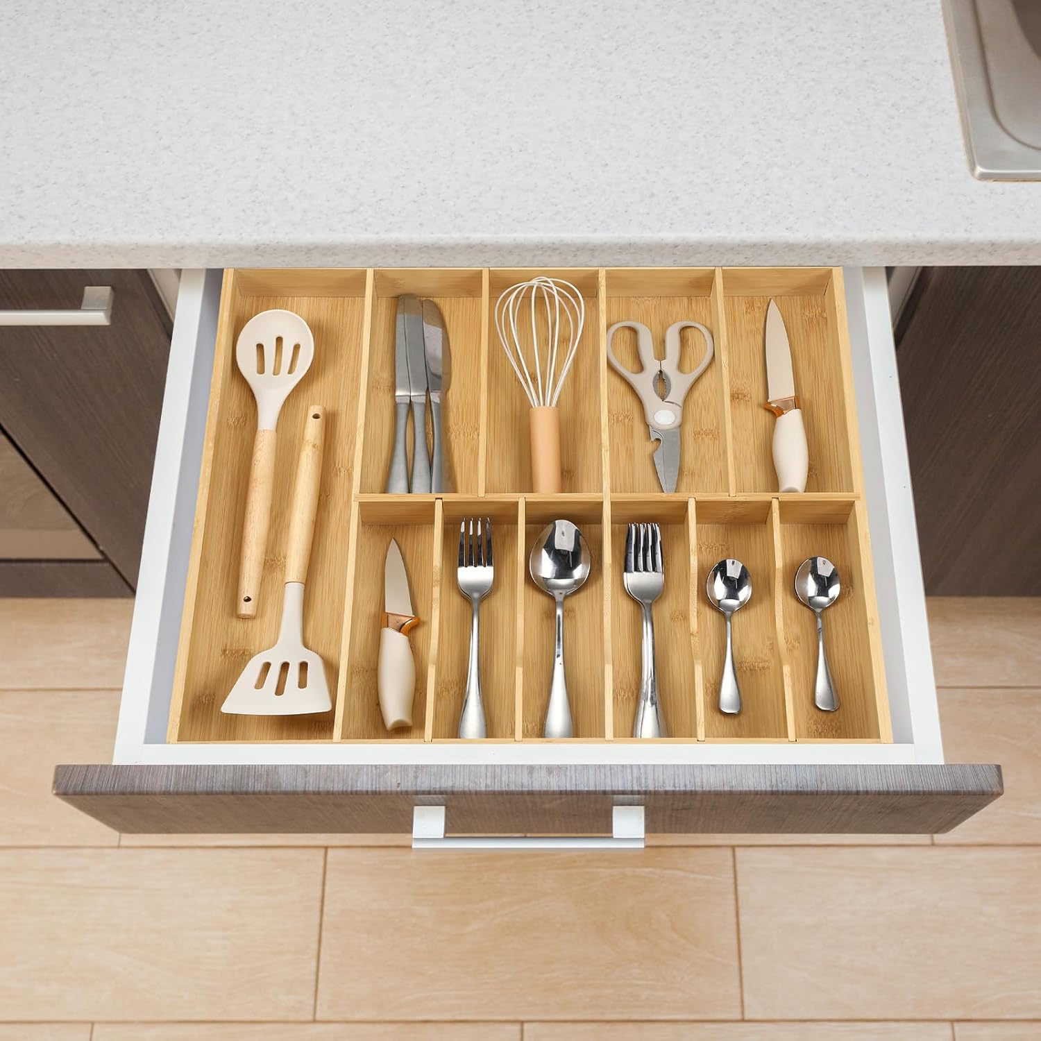 Fabsome Silverware Organizer for Kitchen Drawers, 2.5'' Deep 18.8'' Wide Bamboo Wood Flatware Tray