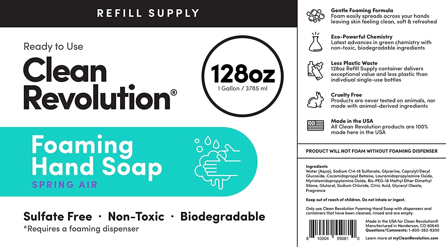 Clean Revolution Foaming Hand Soap Refill Supply Container, Ready to Use Formula, Spring Air