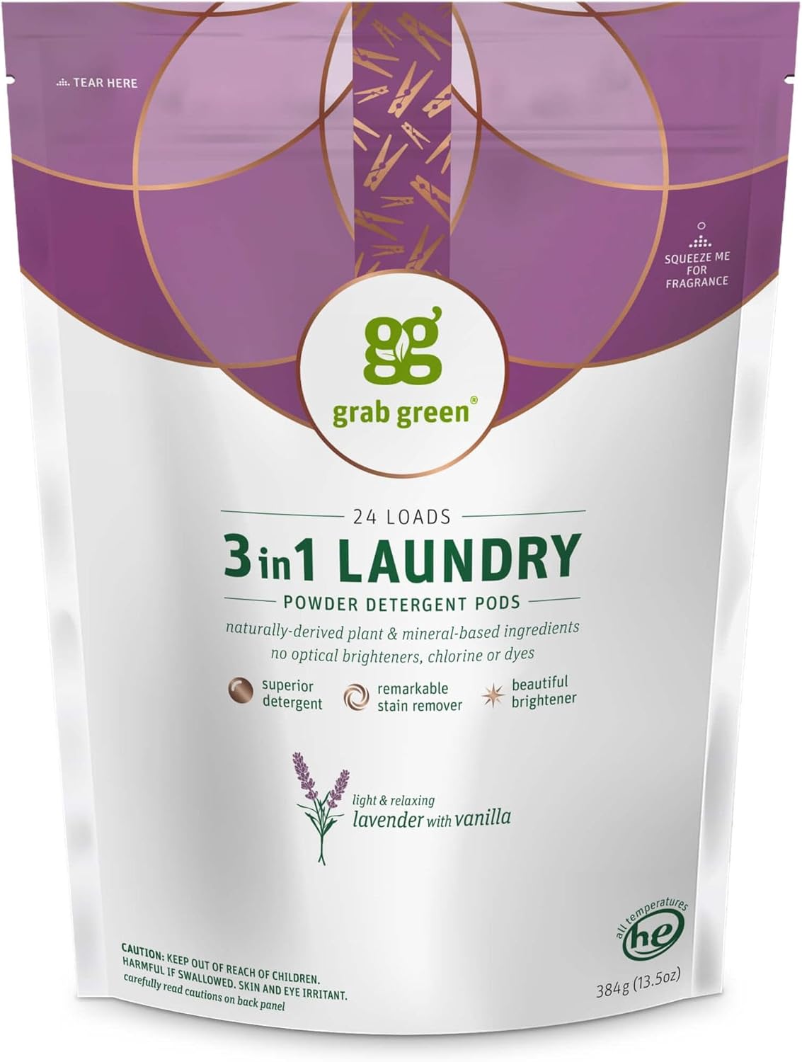 Grab Green 3-in-1 Laundry Detergent Pods, 24 Count, Lavender Vanilla Scent, Plant and Mineral