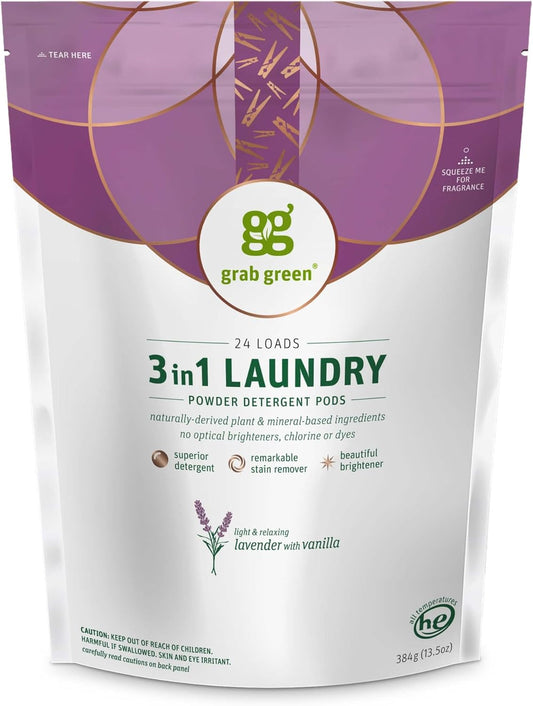 Grab Green 3-in-1 Laundry Detergent Pods, 24 Count, Lavender Vanilla Scent, Plant and Mineral