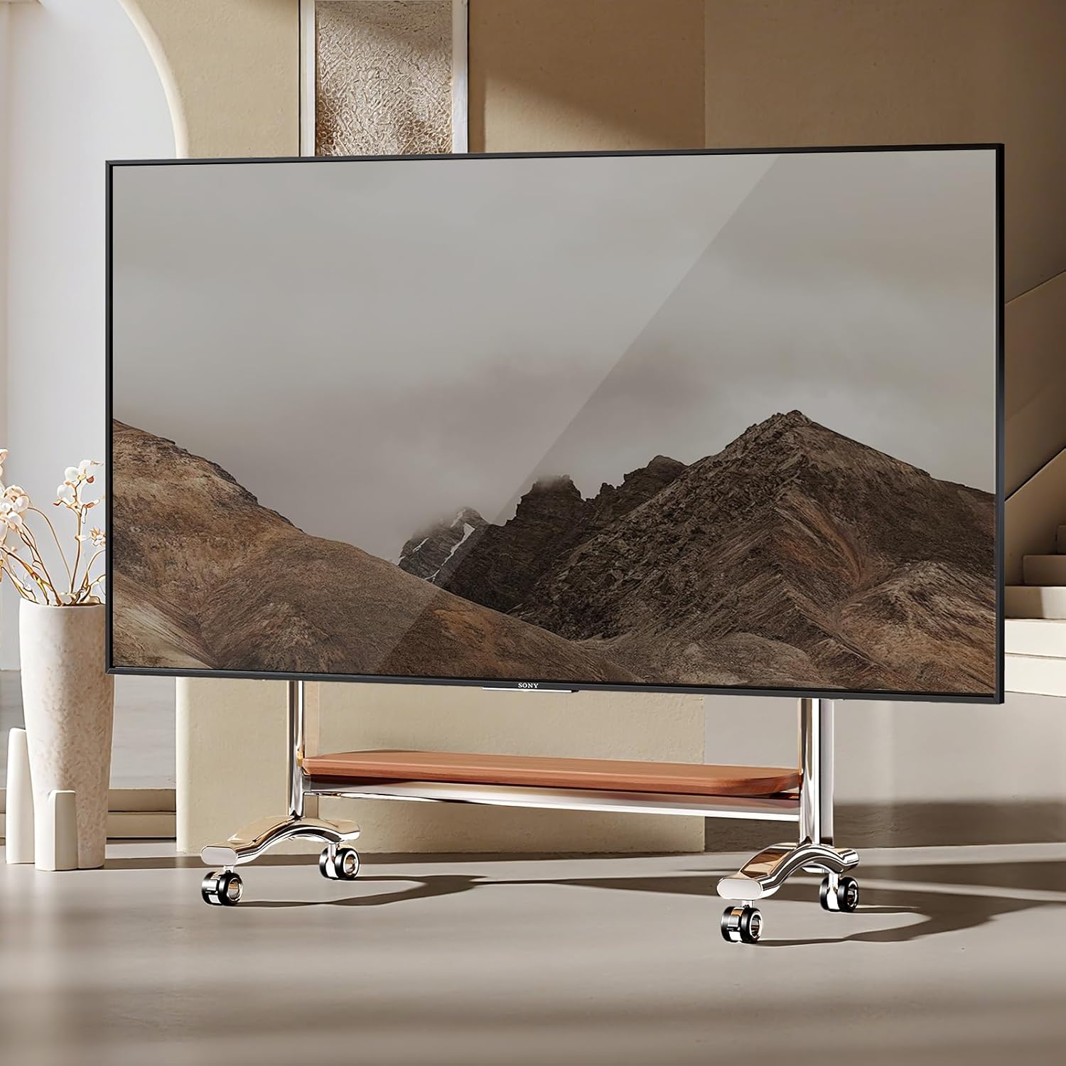 Stainless Steel Art Rolling TV Cart, Mobile TV Stand for 65-110inch TVs, Heavy Duty TV Stand with
