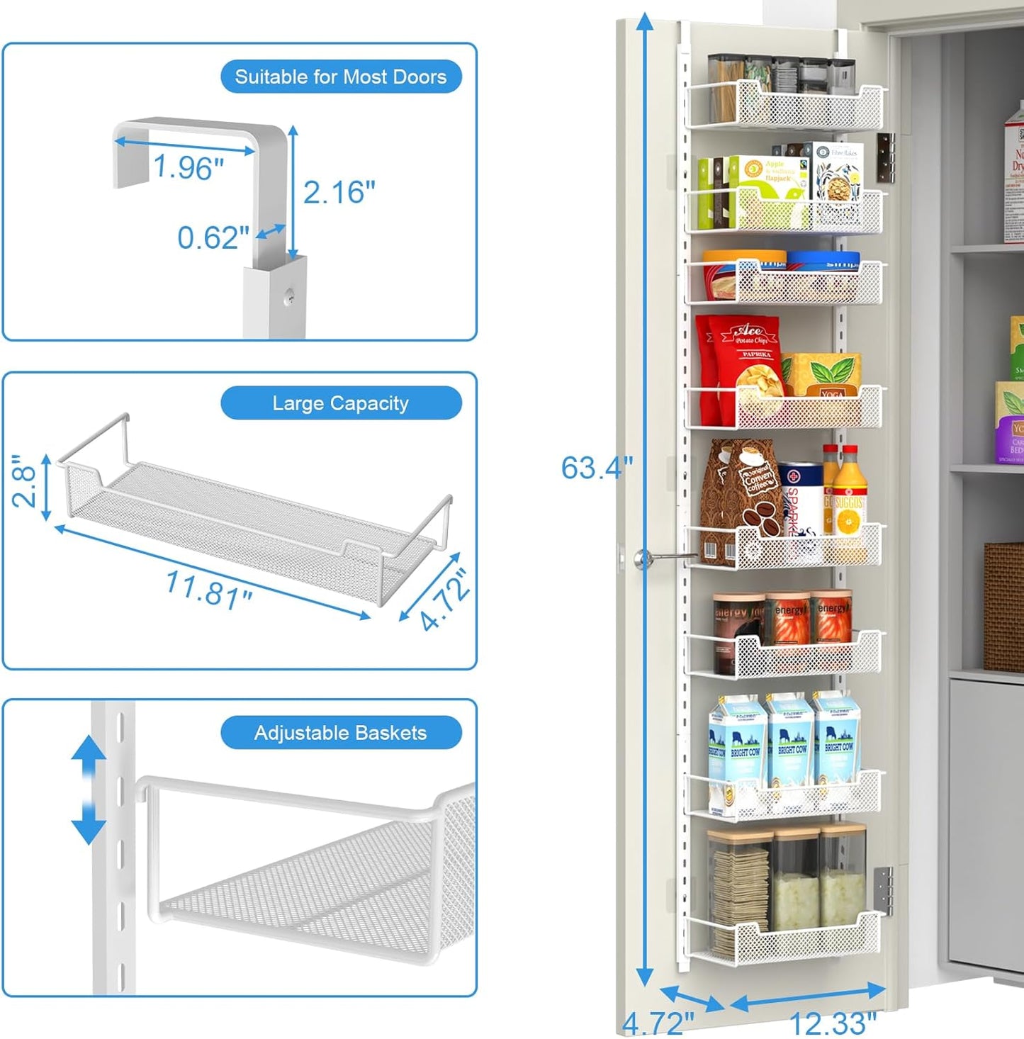 12.3" W Narrow Over the Door Pantry Organizer, 8-Tier Over the Door Organizer with Adjustable