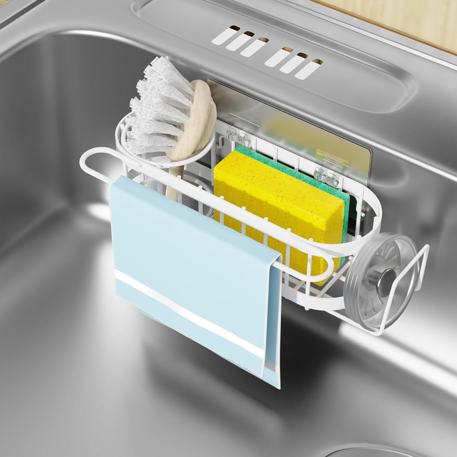 Cisily Kitchen Sink Caddy Sponge Holder in The Sink, Stainless Steel Kitchen Sink Organizer, Brush