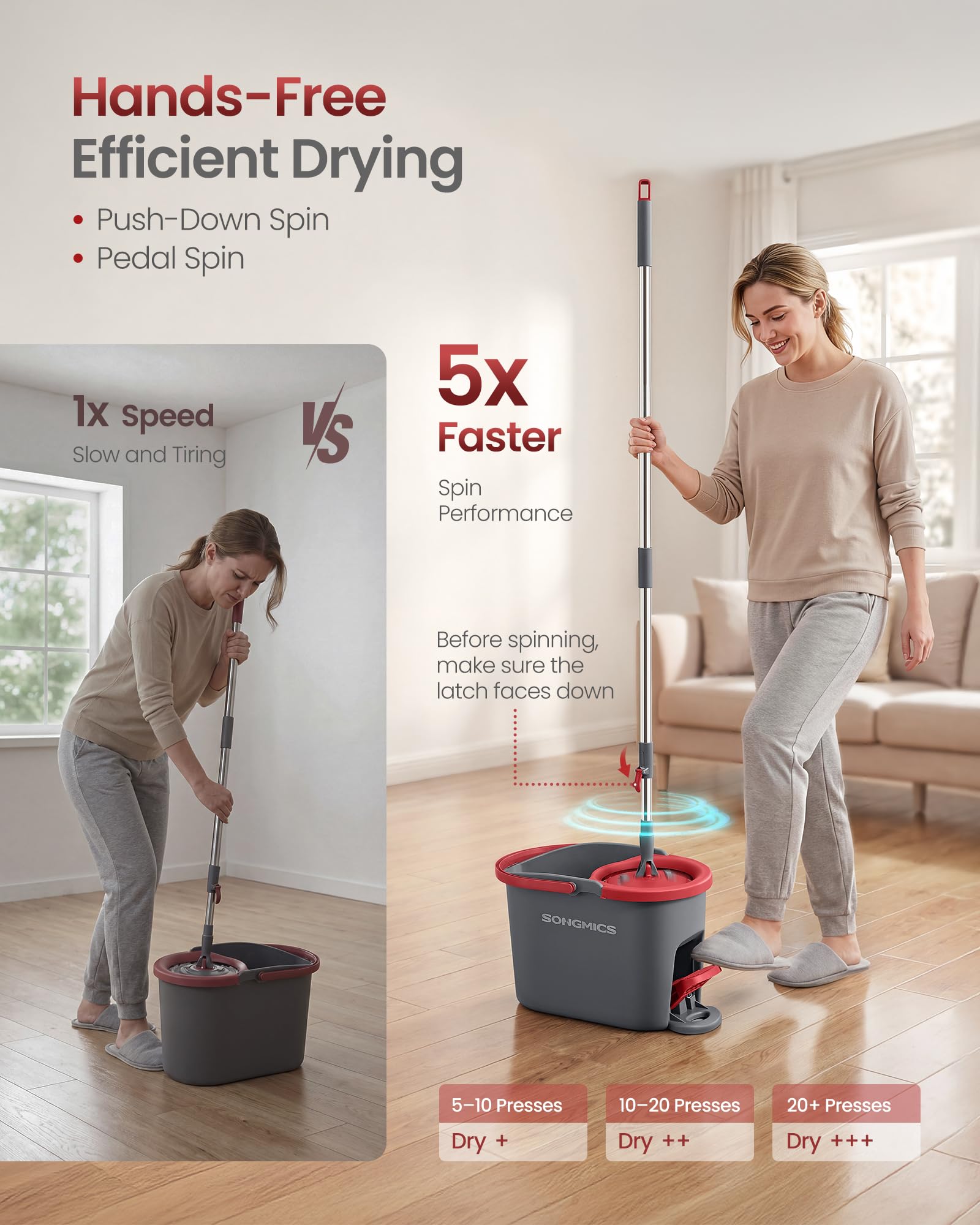 SONGMICS Spin Mop and Bucket Set with Pedal Wringer, Floor Cleaning Mop, Adjustable Telescopic