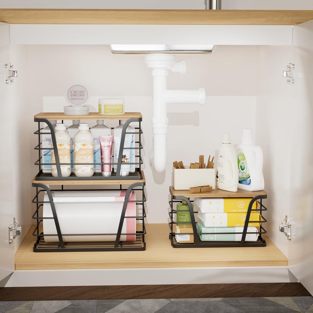 3 Pack Stackable Pantry Organizer, Trash Bag Dispenser Under Sink, Kitchen Organization and