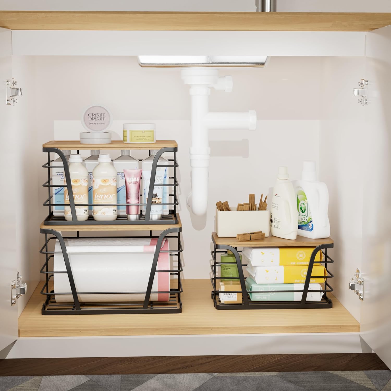 3 Pack Stackable Pantry Organizer, Trash Bag Dispenser Under Sink, Kitchen Organization and