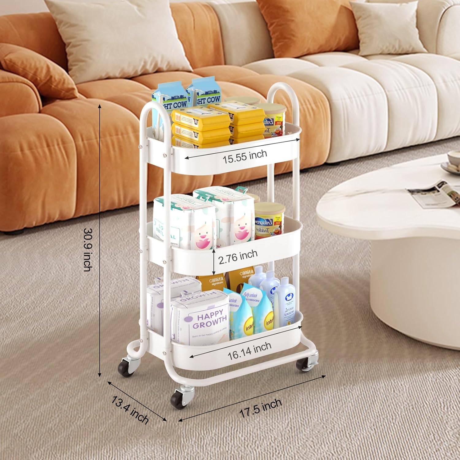 EAGMAK 3 Tier Rolling Cart, Round Metal Utility Cart with Lockable Wheels, Storage Cart Organizer