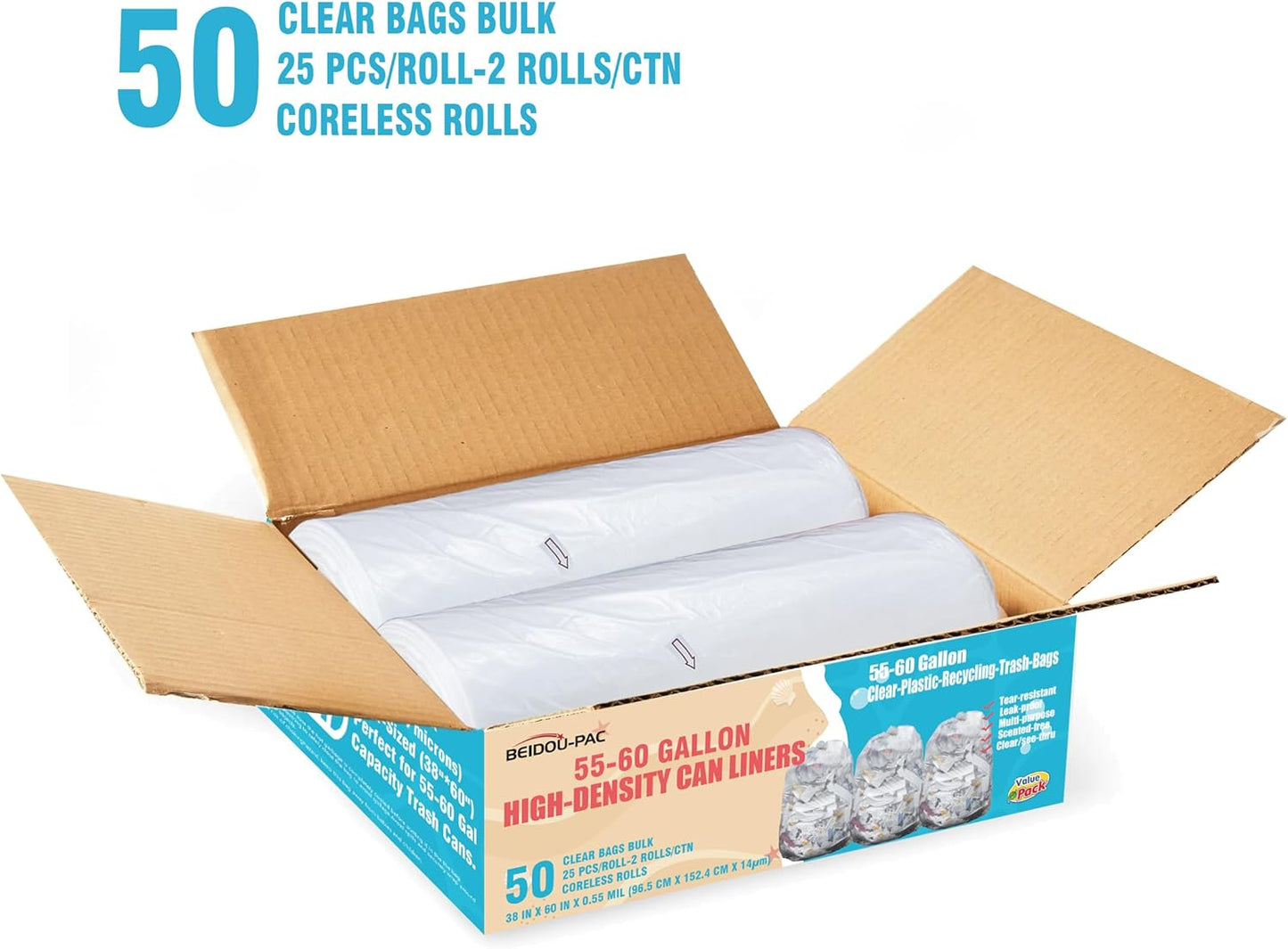 55-60 Gallon Trash Bags, 50 Count Bulk, Heavy Duty Clear Plastic Recycling Bags, Multi-purpose