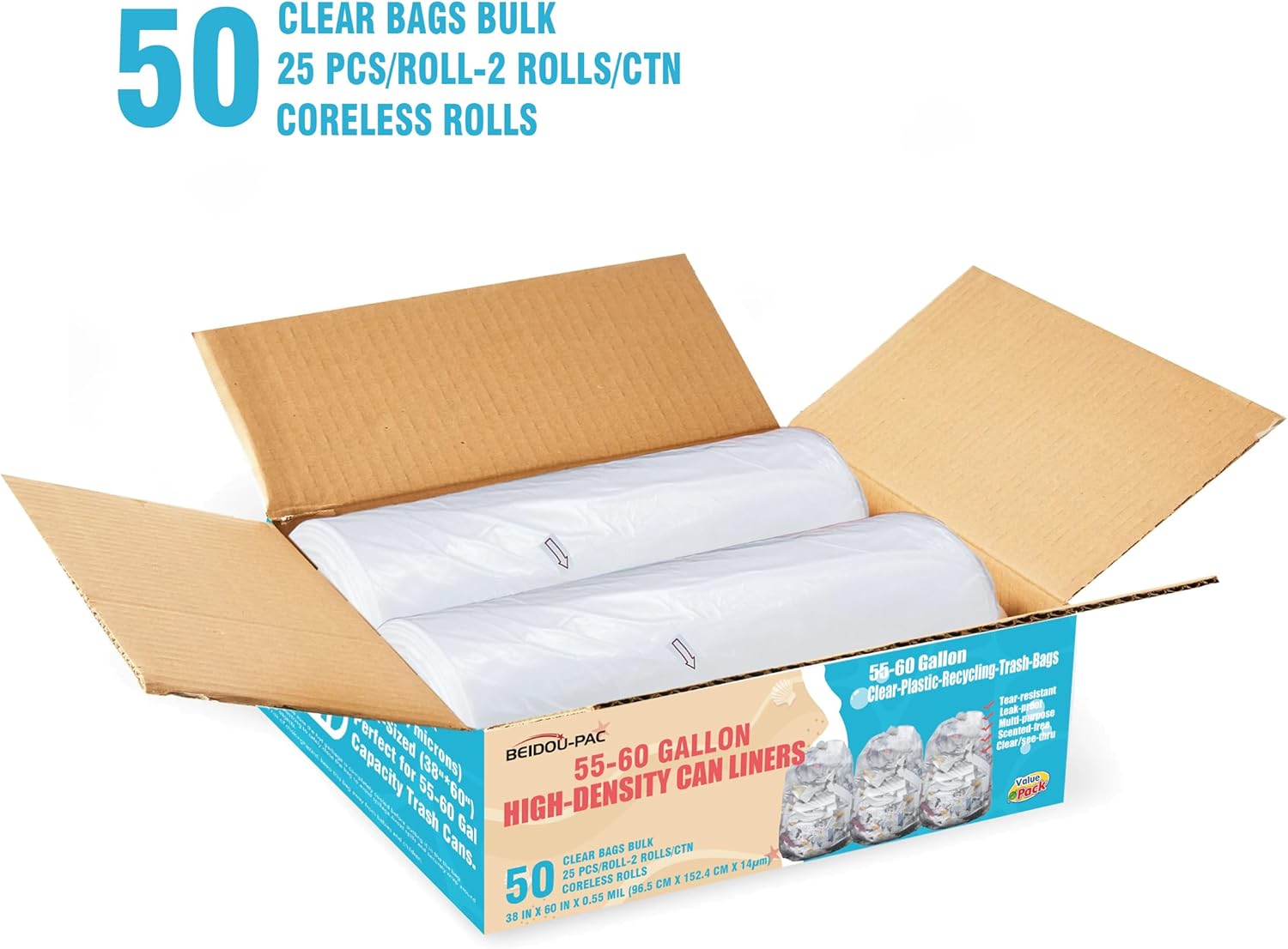 55-60 Gallon Trash Bags, 50 Count Bulk, Heavy Duty Clear Plastic Recycling Bags, Multi-purpose