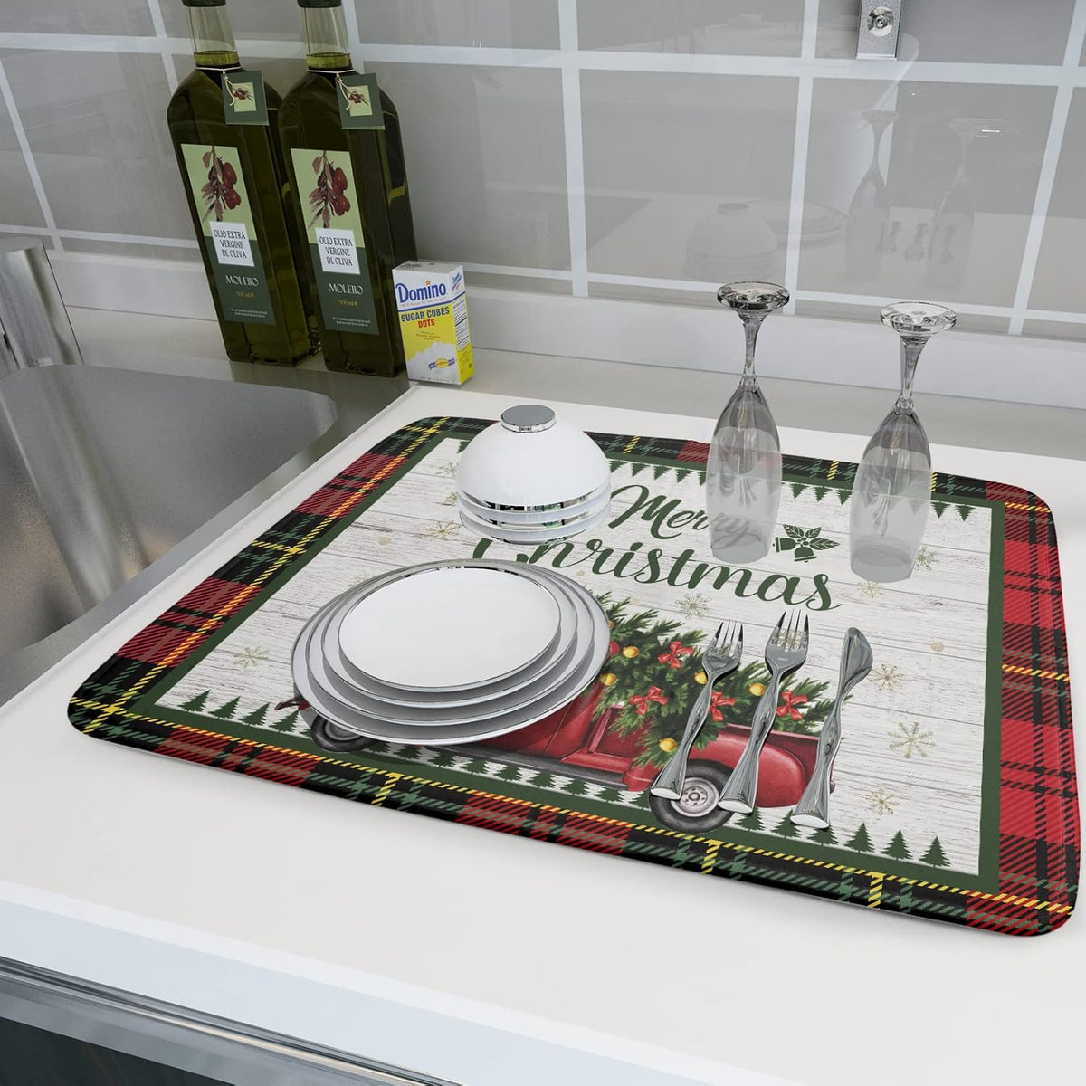 Christmas Dish Drying Mat 18x24 Inch for Kitchen Counter Decor Absorbent Reversible Microfiber Red