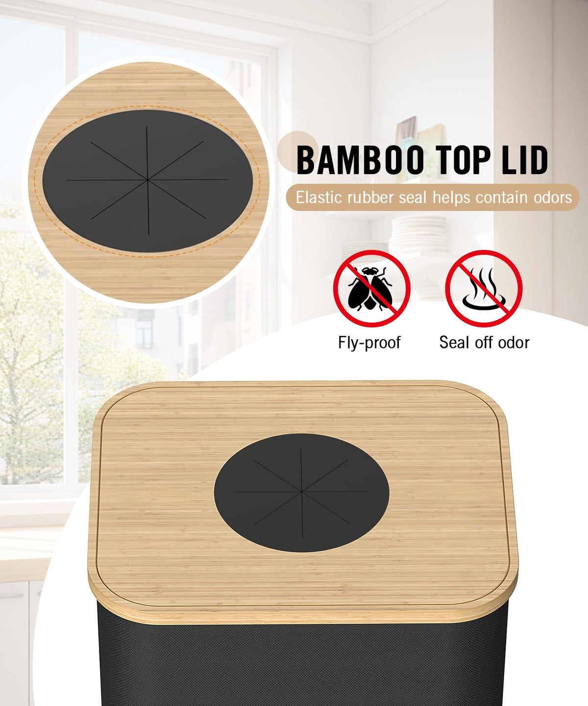 26 Gallon (100L) Recycling Bins for Kitchen with Bamboo lid, Black
