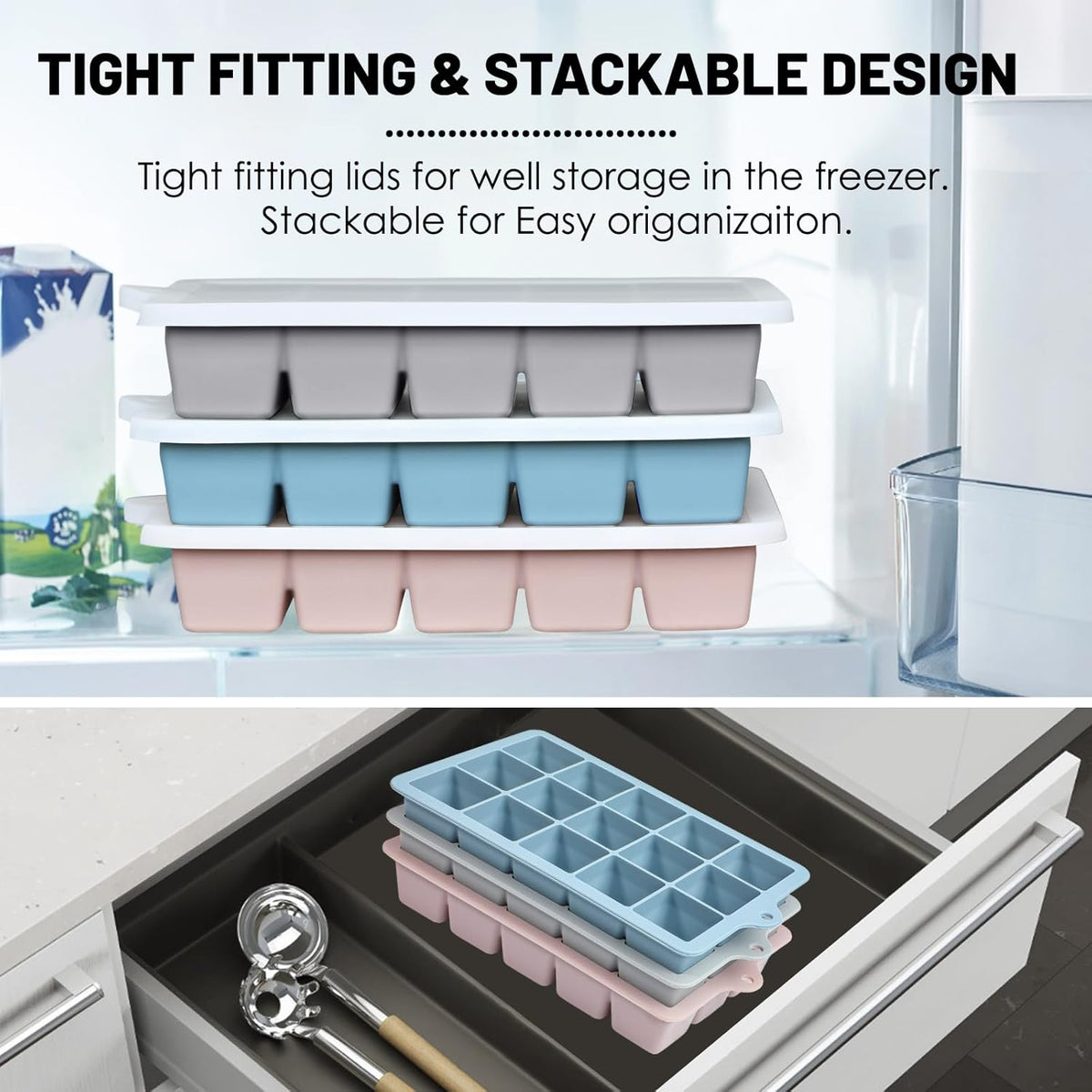 Silicone Ice Cube Trays 3Packs, Easy Release Ice Cube Molds with Lid, Freezer Stackable Ice Maker