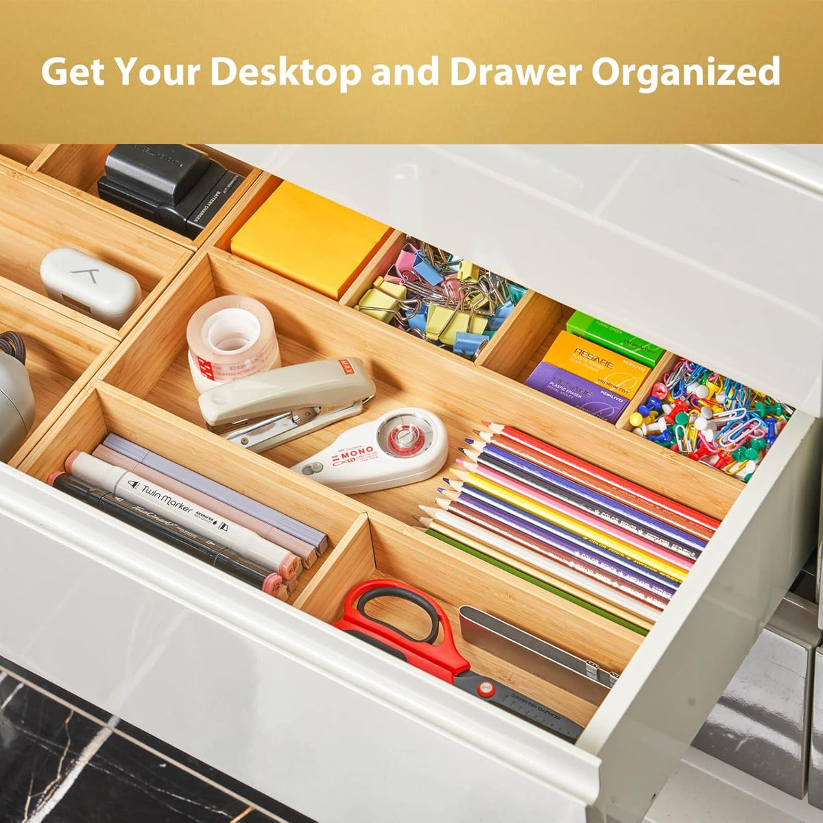 Umilife Large Bamboo Desk Drawer Organizer, Wood Junk Organizer Tray with Adjustable Dividers