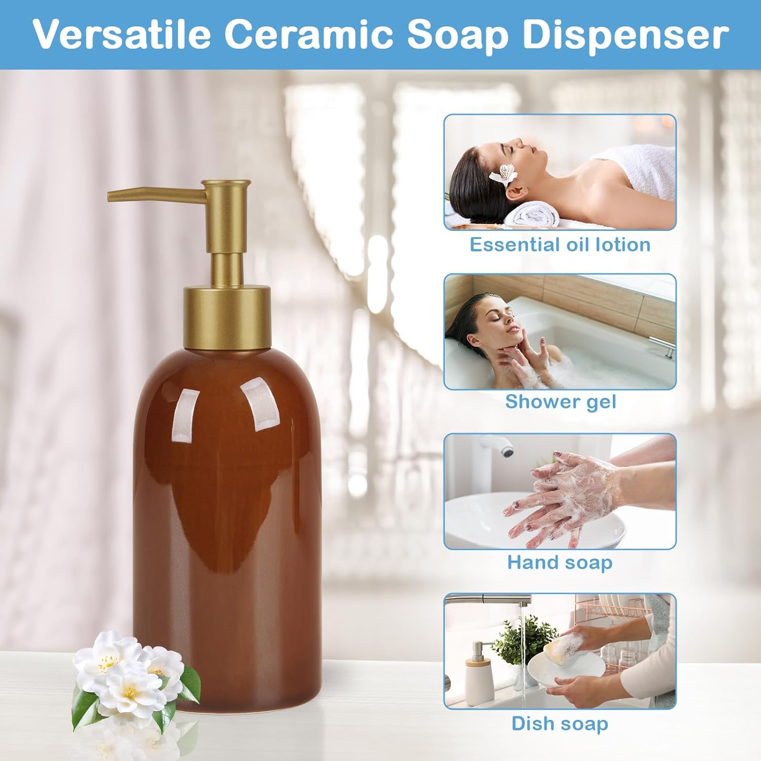 Natheeph 14OZ Ceramic Soap Dispenser Ceramic Soap Pump Dispenser Can Fill Liquid for