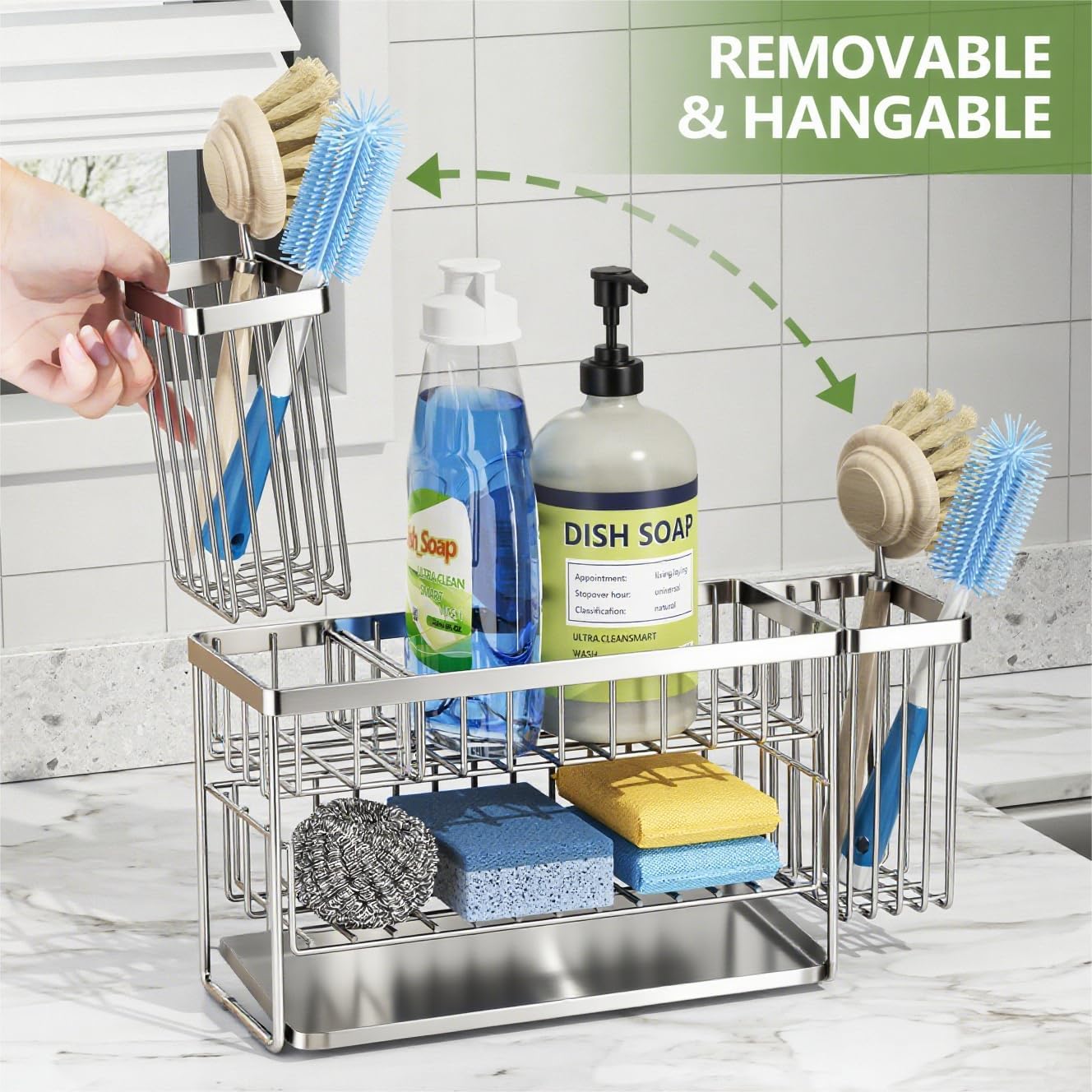 Cisily Silver 2-Tier Kitchen Sink Caddy Organzier Rack with Flexible Dish Brush Holder, Sponge