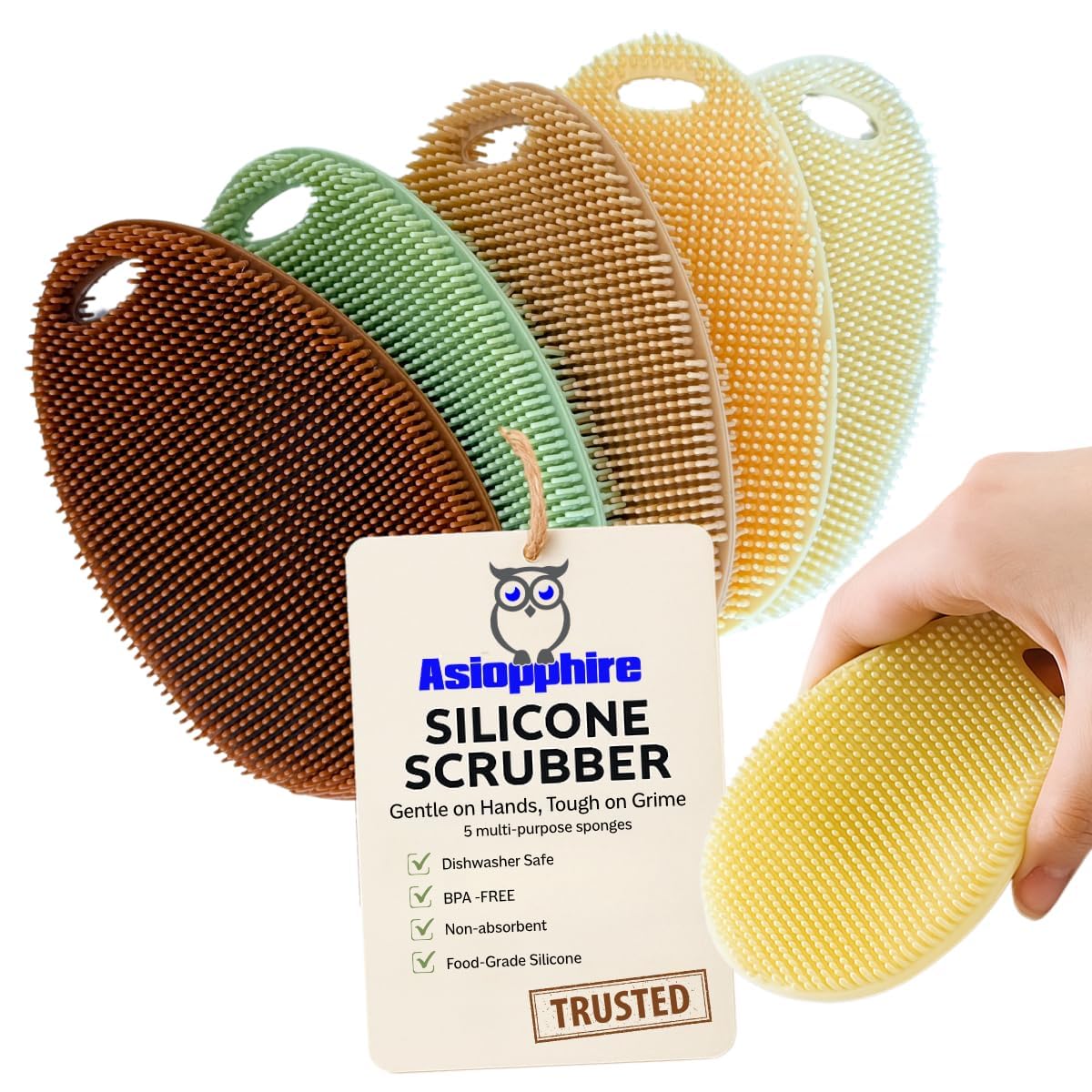Silicone Dish Scrubber Set of 5 | Reusable Silicone Sponges for Dishes | BPA-Free Food Grade