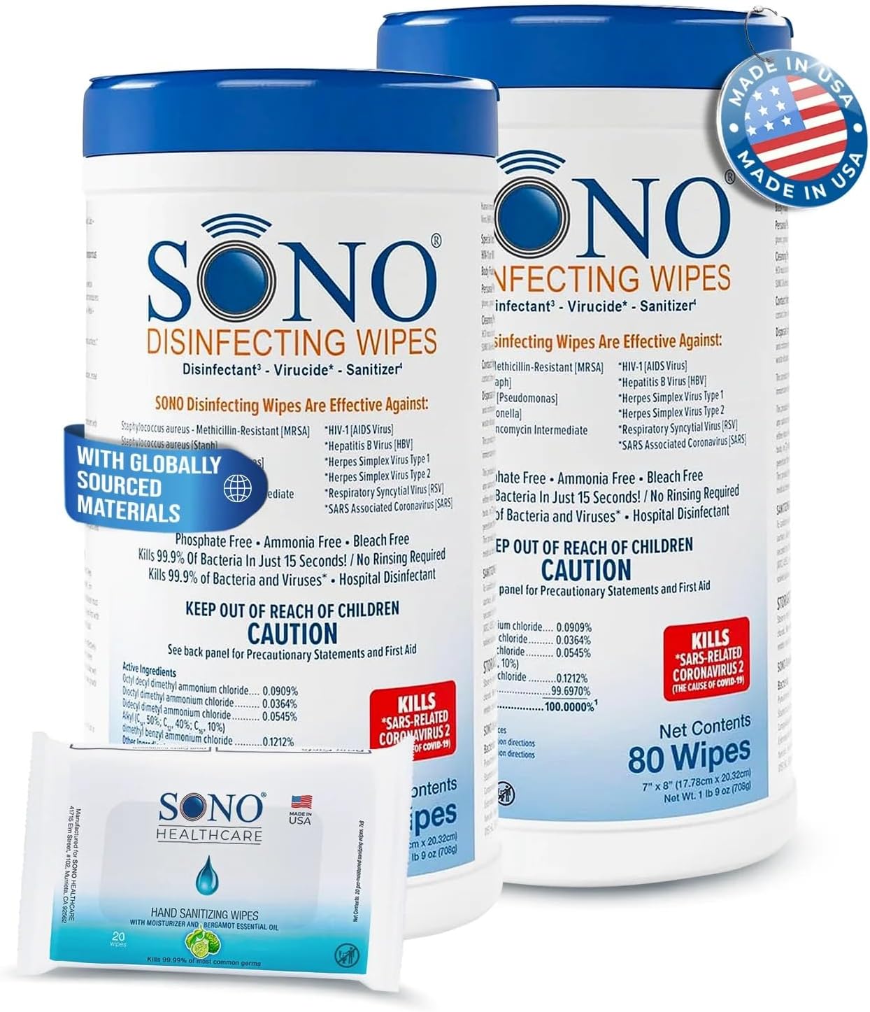 SONO Disinfecting Wipes - 160 Count (Pack of 2) + Sanitizer, Alcohol-Free, No Bleach