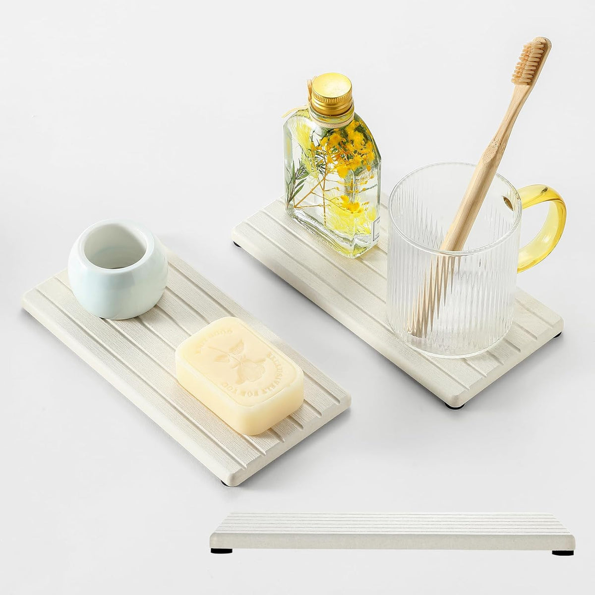 2 Pack Greige Bathroom Sink Vanity Trays, Diatomite Stone Kitchen Counter Caddy Dish Soap Dispenser
