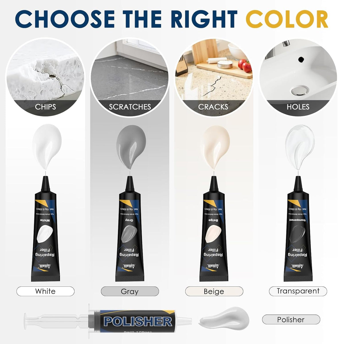 Quartz Countertop Repair Kit, Granite & Marble Repair Kit with 4*15g Filler(White,Beige