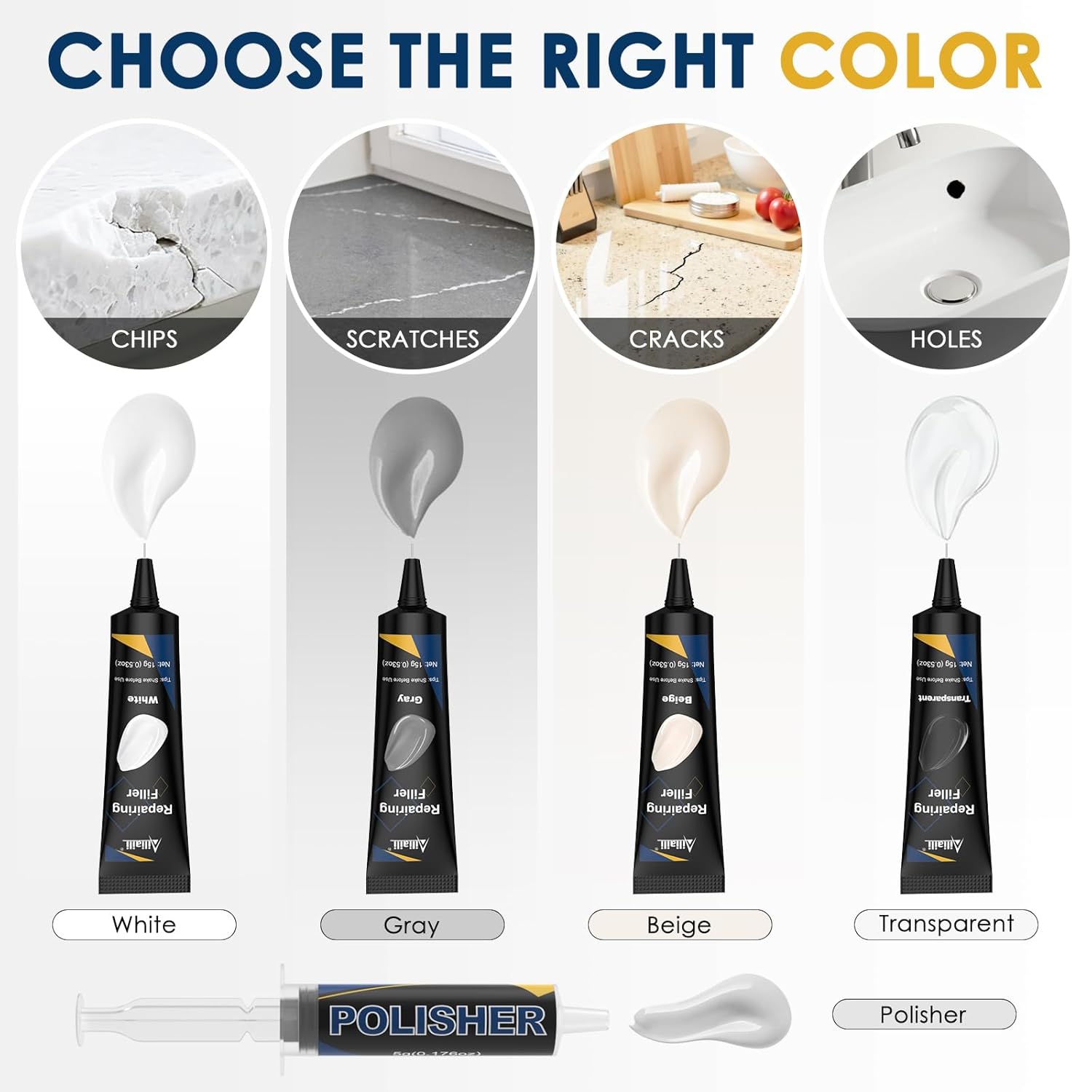 Quartz Countertop Repair Kit, Granite & Marble Repair Kit with 4*15g Filler(White,Beige