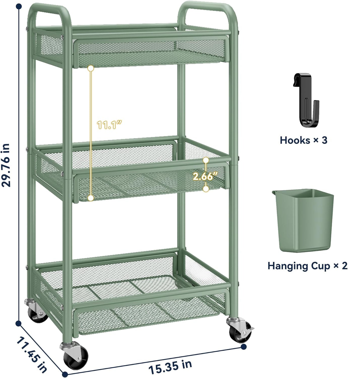 YASONIC 3 Tier Rolling Cart – Metal Utility Storage Cart with Wheels, Craft Carts Organizer with