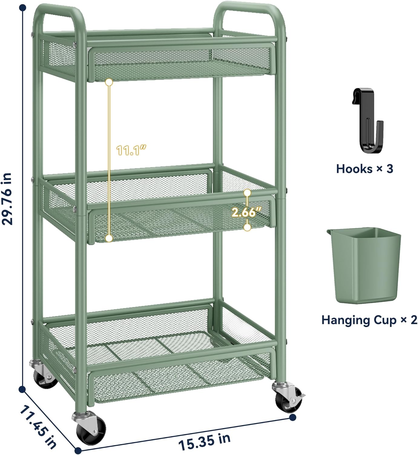 YASONIC 3 Tier Rolling Cart – Metal Utility Storage Cart with Wheels, Craft Carts Organizer with