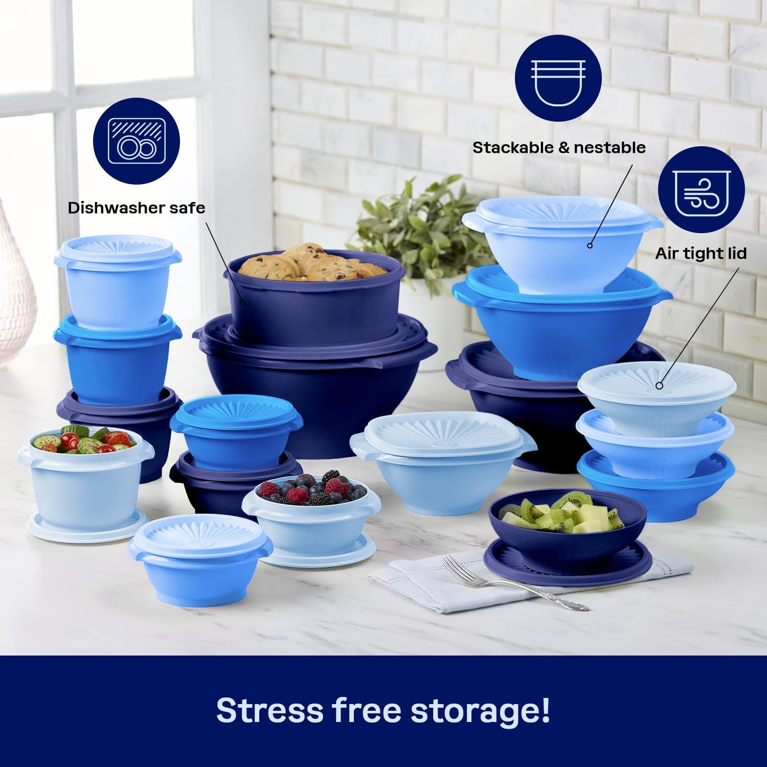 Tupperware Heritage Collection, New 36 Piece Food Storage Container Set in Vintage Blue, Dishwasher