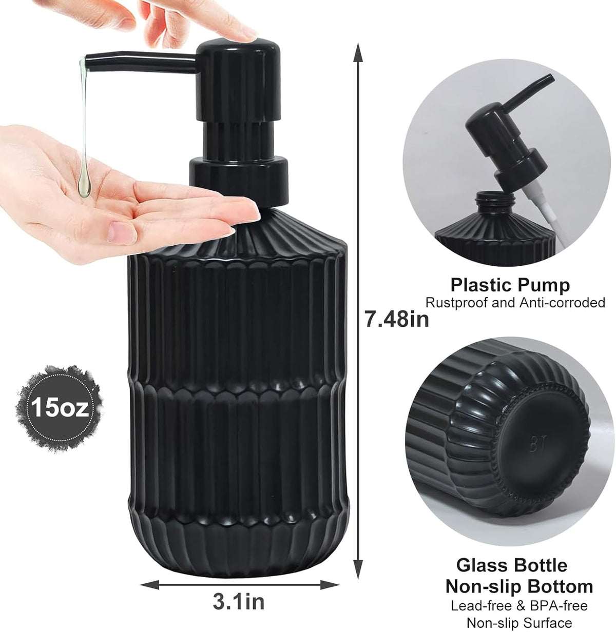 Black Glass Soap Dispenser with Pump, 15oz Refillable Liquid Hand Soap Dispenser, Lotion Dish Soap