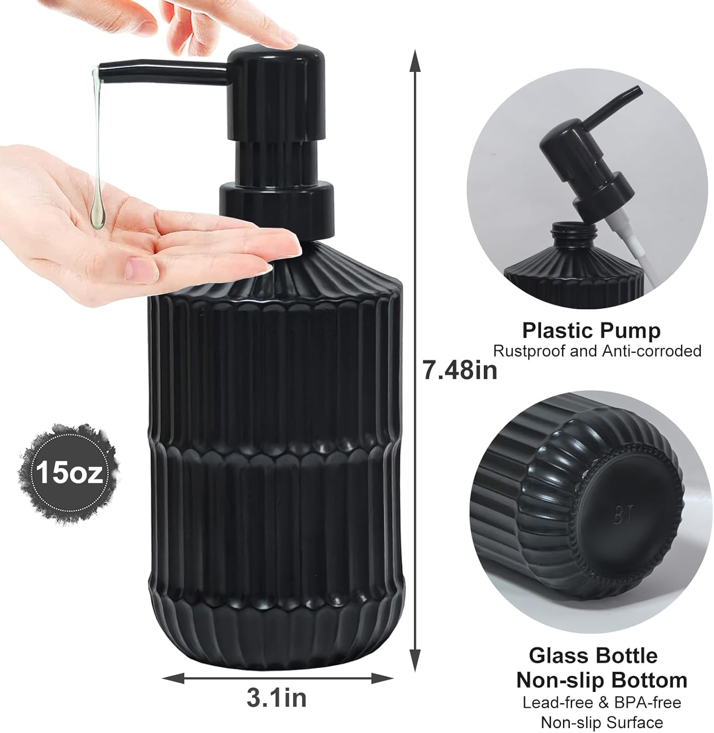 Black Glass Soap Dispenser with Pump, 15oz Refillable Liquid Hand Soap Dispenser, Lotion Dish Soap