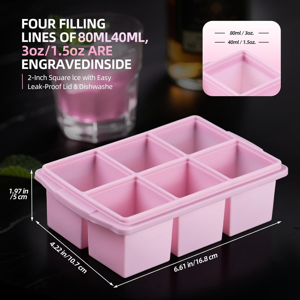 Large Ice Cube Trays for Whiskey (2 Pack) - Silicone Ice Cube Molds with Steel Frame Reinforcement