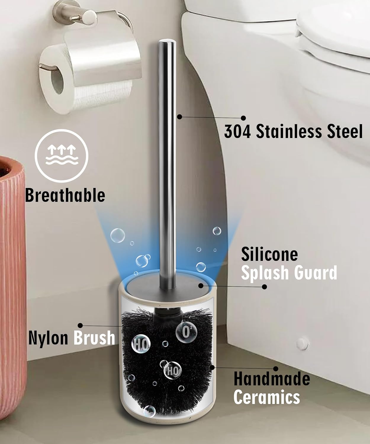 Ceramic Toilet Brush & Holder Set - Freestanding Deep-Cleaning Toilet Bowl Cleaner Brush, Stainless