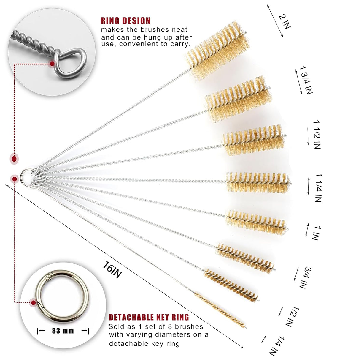16 Inch Extra Long Pipe Cleaning Brush Set with Brass Bristles, 8 Piece Variety Pack for Auto
