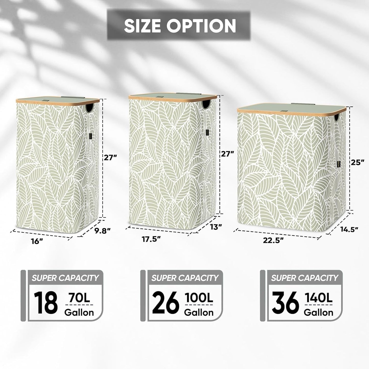 BALEINE Laundry Hamper with Lid, Tall Laundry Baskets with Bamboo Pull Handles, Large Laundry Bin