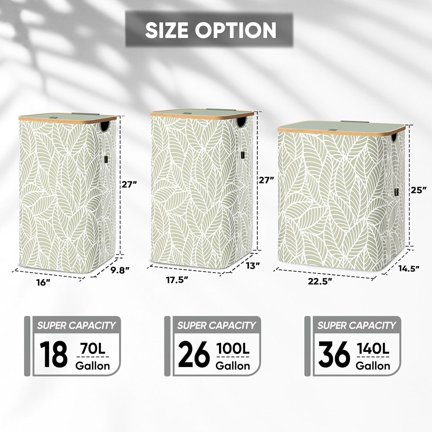 BALEINE Laundry Hamper with Lid, Tall Laundry Baskets with Bamboo Pull Handles, Large Laundry Bin