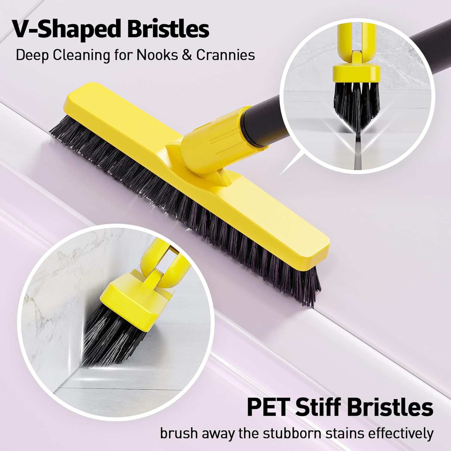 Grout Brush with Long Adjustable Handle - Telescopic, Rotation Tile Grout Cleaning Tool, V-Shape