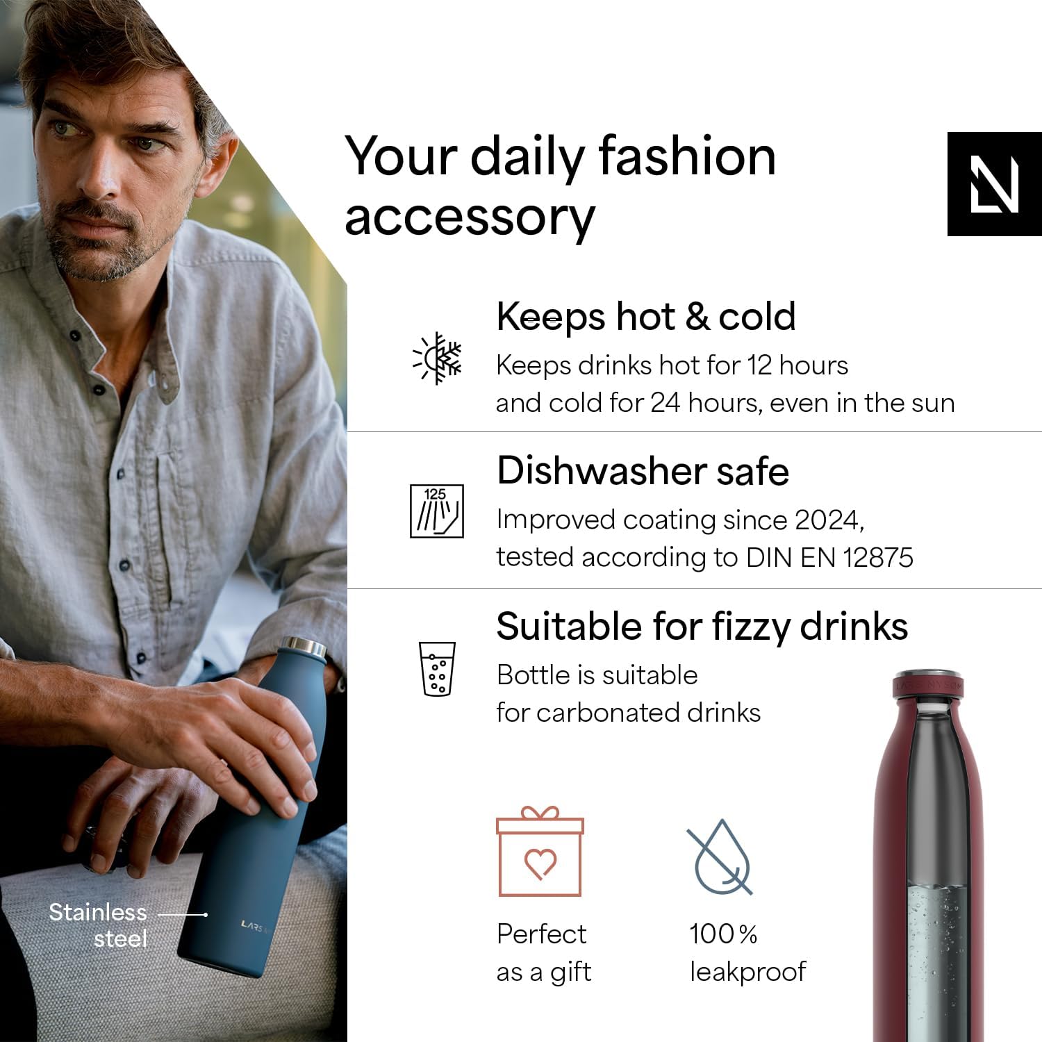 LARS NYSØM Stainless Steel Insulated Water Bottle 12oz 17oz 25oz 34oz 51oz | Insulated Thermo Flask