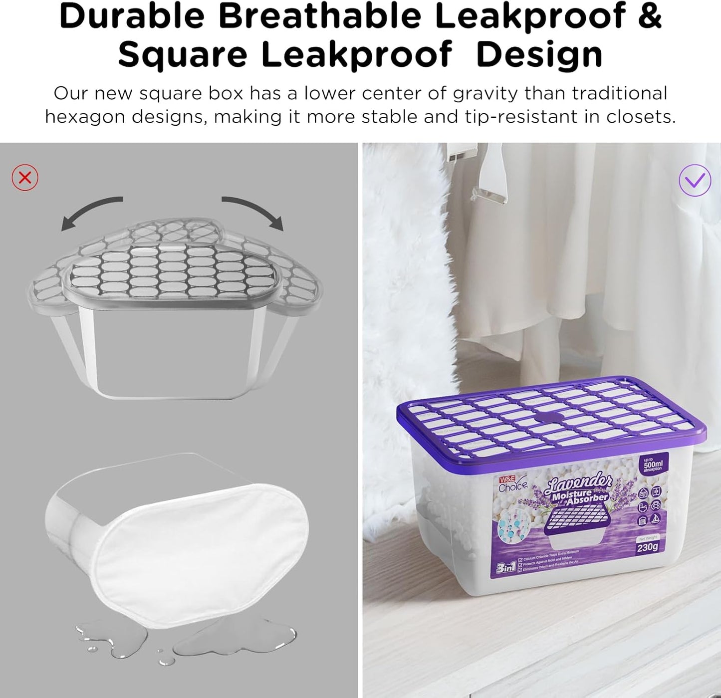 W&E Choice Moisture Absorbers with Lavender Scent, Portable Dehumidifier for Closet & Bathrooms