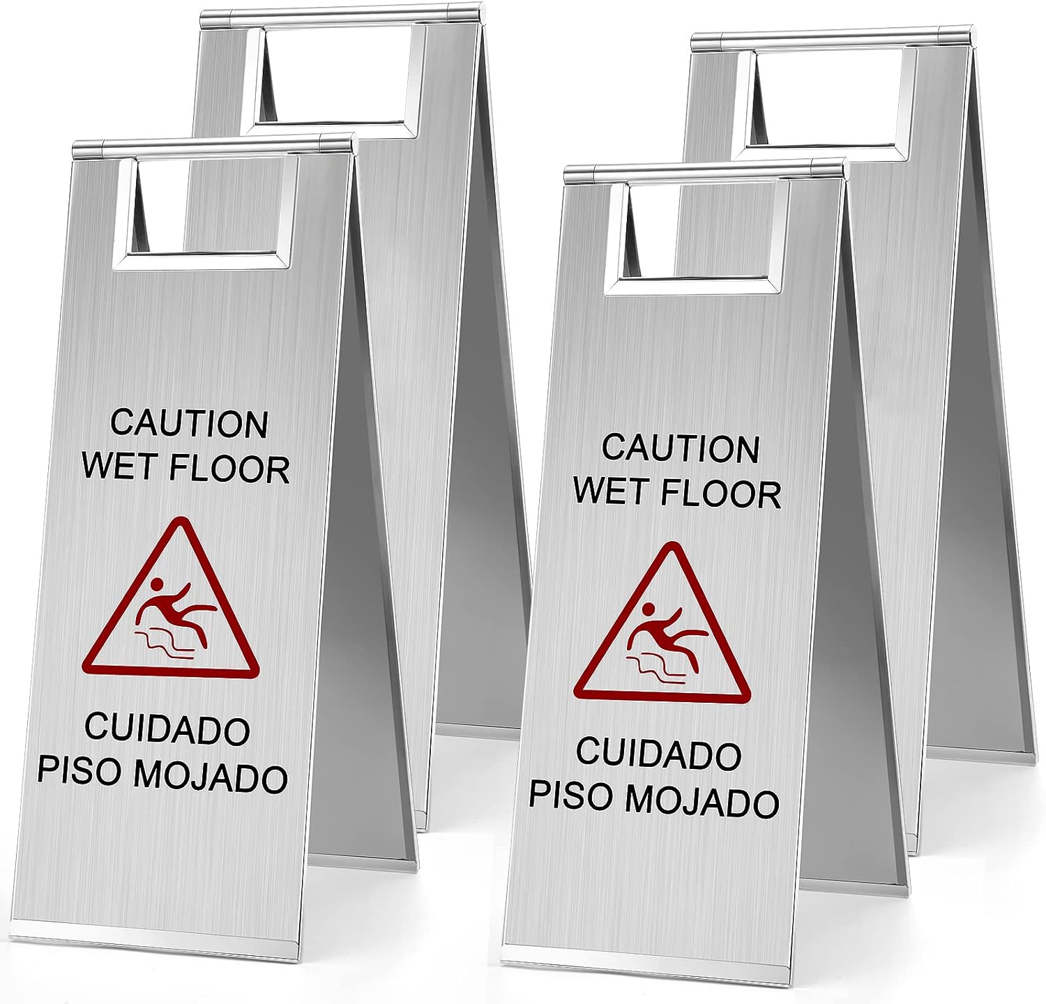 LEIFIDE 4 Pcs Stainless Steel Wet Floor Caution Sign Bulk 8.8 Pound Portable Foldable Handle